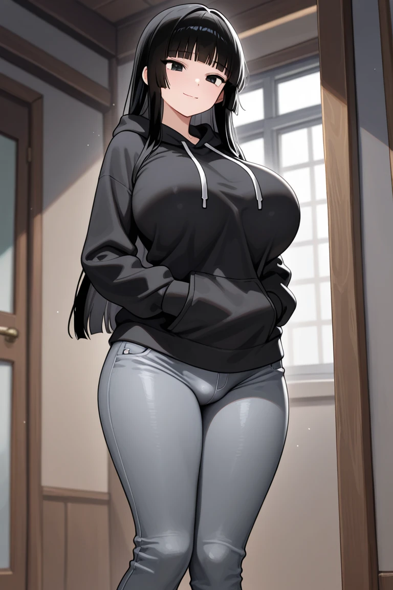 a hot asian girl with big  and wide hips wearing a black hoodie
