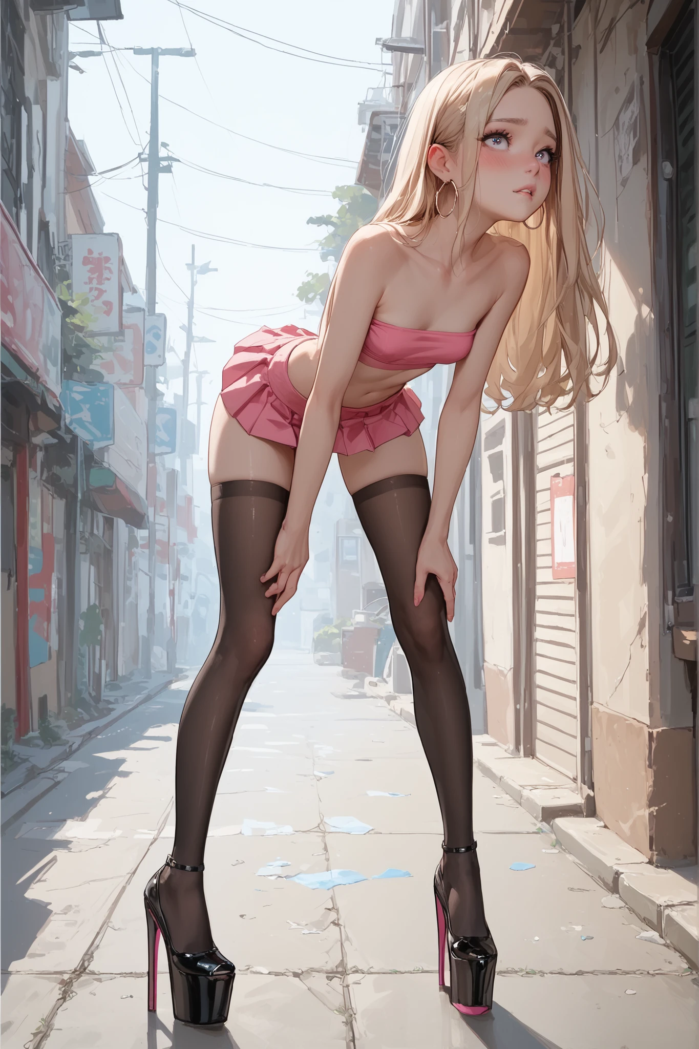 very very young slender petite little innocent blonde anime girl  with small size breasts dark black eye shadow and large hoop earrings wearing a neon pink tiny pleated cute micro skirt waist high very dark black pantyhose that go up to her waist wearing her thong is showing above her skirt a neon pink tube top  black platform high heels she is bending over looking slutty and cute、、、
、WHITE color extra long thigh highs high-socksｎ、（cum in pussy:1.4 ）