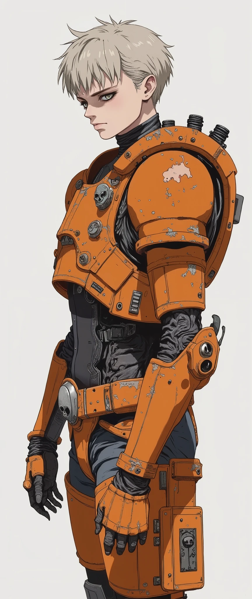 masterpiece, latest, very aesthetic, young boy wearing bionic armor similar to those of space marine soldiers, his face is evident, [[[ NO HELMET ]]] handsome face, Warhammer 40k armor, orange armor, broken armor with signs of deterioration, huge and disproportionate arms, huge and disproportionate legs, in the middle of his belt there is a symbol of a metal skull, he uses a modern machine gun, by Yang J, sacred cyborg, Warhammer 40k necromancer style armor, armor similar to that of black space marine soldiers, rossdraws 2.0, rossdraws 1.0, he is standing and [[is on his side]] and the image shows his entire body from head to toe {{side view}} [[Full body]] [[full body]], he has his head uncovered without a helmet, high quality image, adult style anime, more realistic facial features, reminiscent of 90's anime. Painting 2D, 90's anime colors, defined and striking features, black nails, eyeliner, villain's piercing gauze, high resolution, side face, masterpiece, high resolution, anatomically correct, high quality, "Ninja Scroll" anime style, white background. 'Blade & Souls' anime style Character introduction
