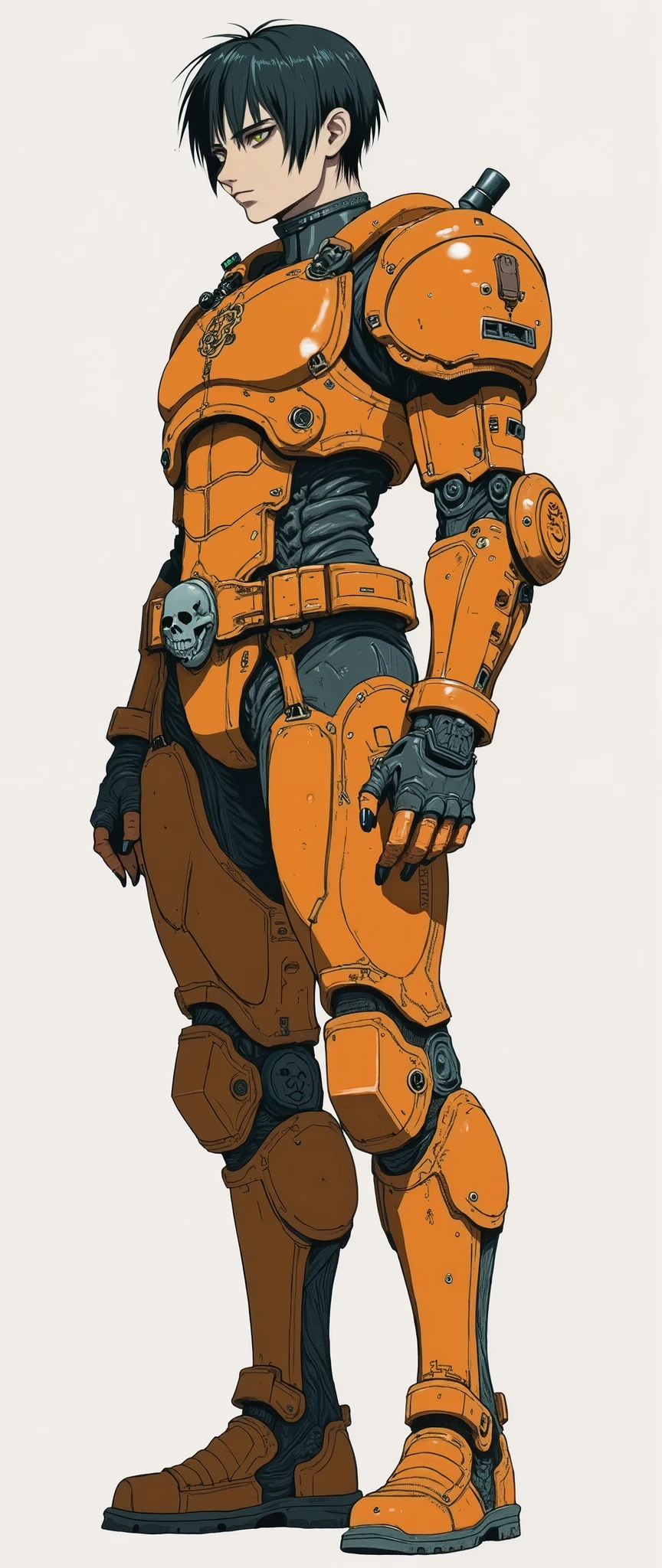 masterpiece, latest, very aesthetic, young boy wearing bionic armor similar to those of space marine soldiers, his face is evident, [[[ NO HELMET ]]] handsome face, Warhammer 40k armor, orange armor, broken armor with signs of deterioration, huge and disproportionate arms, huge and disproportionate legs, in the middle of his belt there is a symbol of a metal skull, he uses a modern machine gun, by Yang J, sacred cyborg, Warhammer 40k necromancer style armor, armor similar to that of black space marine soldiers, rossdraws 2.0, rossdraws 1.0, he is standing and [[is on his side]] and the image shows his entire body from head to toe {{side view}} [[Full body]] [[full body]], he has his head uncovered without a helmet, high quality image, adult style anime, more realistic facial features, reminiscent of 90's anime. Painting 2D, 90's anime colors, defined and striking features, black nails, eyeliner, villain's piercing gauze, high resolution, side face, masterpiece, high resolution, anatomically correct, high quality, "Ninja Scroll" anime style, white background. 'Blade & Souls' anime style Character introduction
