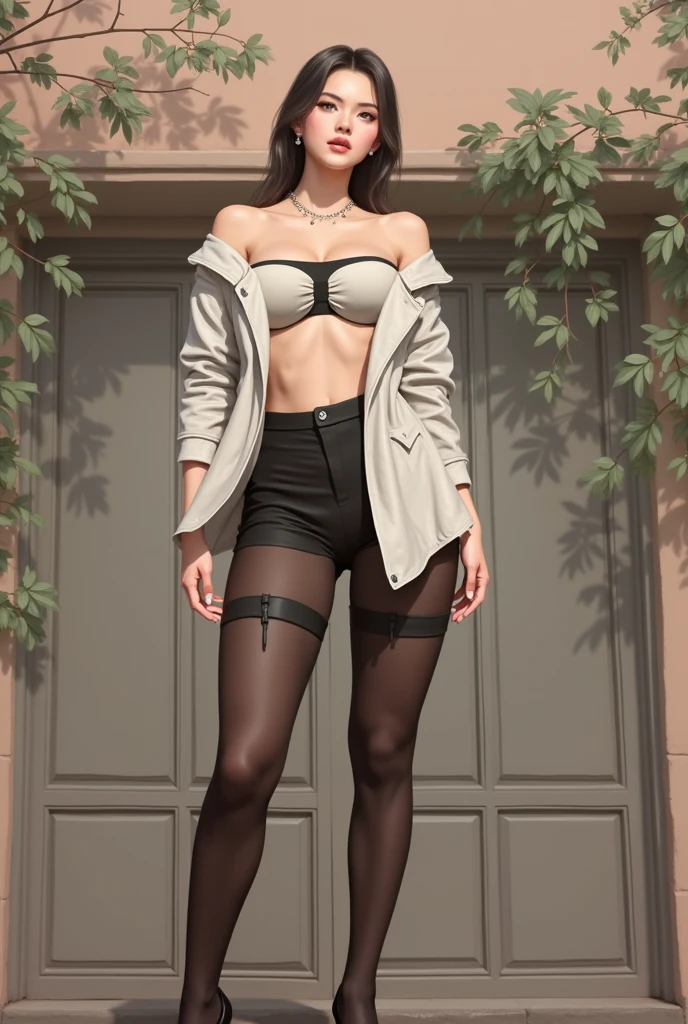 
light grey bell pants, merula, full body, thighs, high heels, solo 1 girl, medium tits, nude tits, open blouse