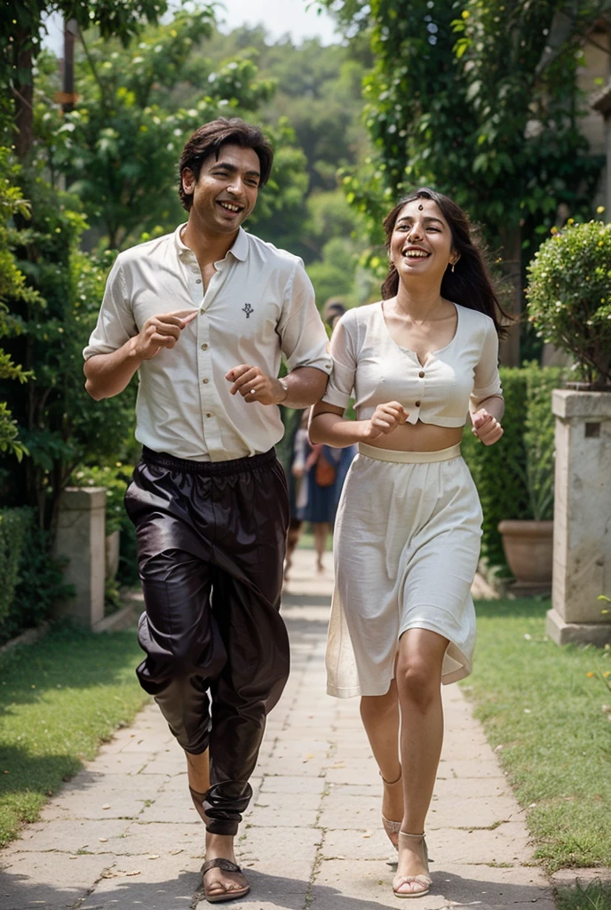 A indian beautiful young men Blood in his eyes is walking along a path in a flower garden, the image of a beautiful girl and boy is floating in the sky, 3d realistic realism ultra HD super detailed