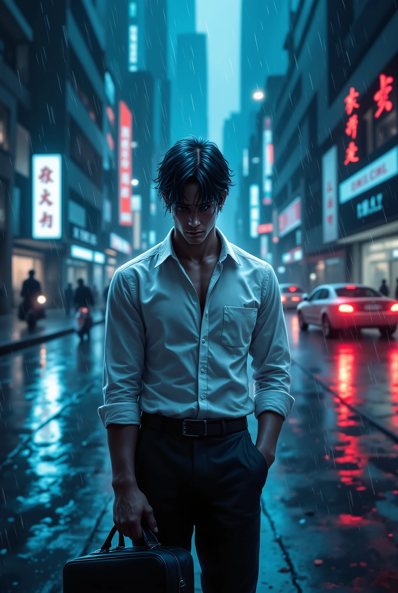 (Masterpiece, high detail, best image, high resolution). a young salaryman standing at a bus stop during heavy rain. His hair is soaked, water dripping down his face, his shirt clinging to his body, show him six pack He gazes down sadly, clutching a briefcase, neon city lights reflecting on the wet pavement. The background shows blurred silhouettes of bajaj and motorbikes passing by. Cool blue and gray tones dominate, with soft, flowing brush strokes capturing a deep sense of loneliness and longing.