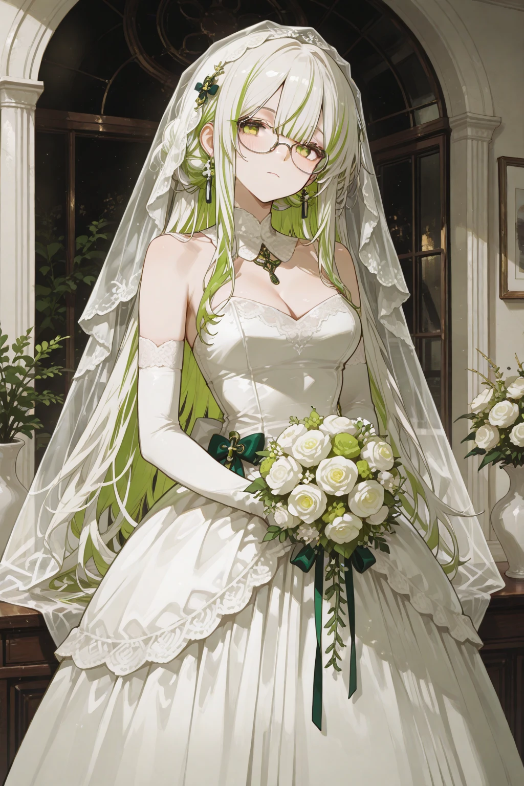 masterpiece, best quality, 1girl, solo, standing, <lora:philiafelice-tod-richy-v1:1> philia, twin braids, hair ornament, brooch, glasses, bridal gauntlets, bride, bridal garter, bridal veil, wedding dress, outdoors, fantasy, cleavage