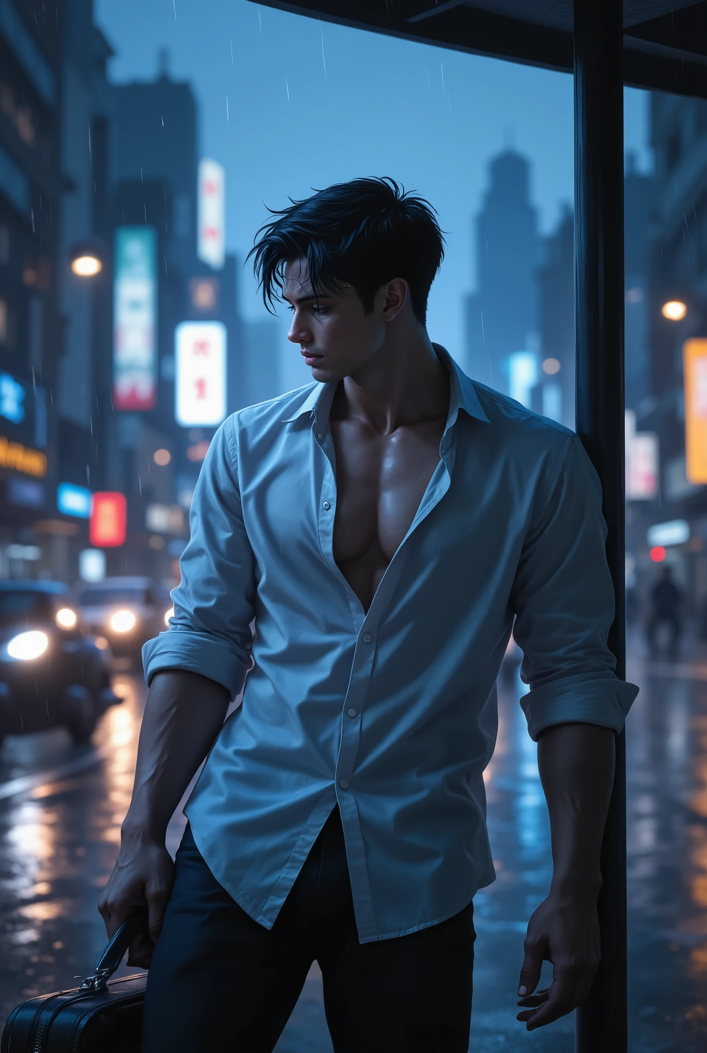 (Masterpiece, high detail, best image, high resolution). a young salaryman standing at a bus stop during heavy rain. His hair is soaked, water dripping down his face, his shirt clinging to his body, show him six pack He gazes down sadly, clutching a briefcase, neon city lights reflecting on the wet pavement. The background shows blurred silhouettes of bajaj and motorbikes passing by. Cool blue and gray tones dominate, with soft, flowing brush strokes capturing a deep sense of loneliness and longing.