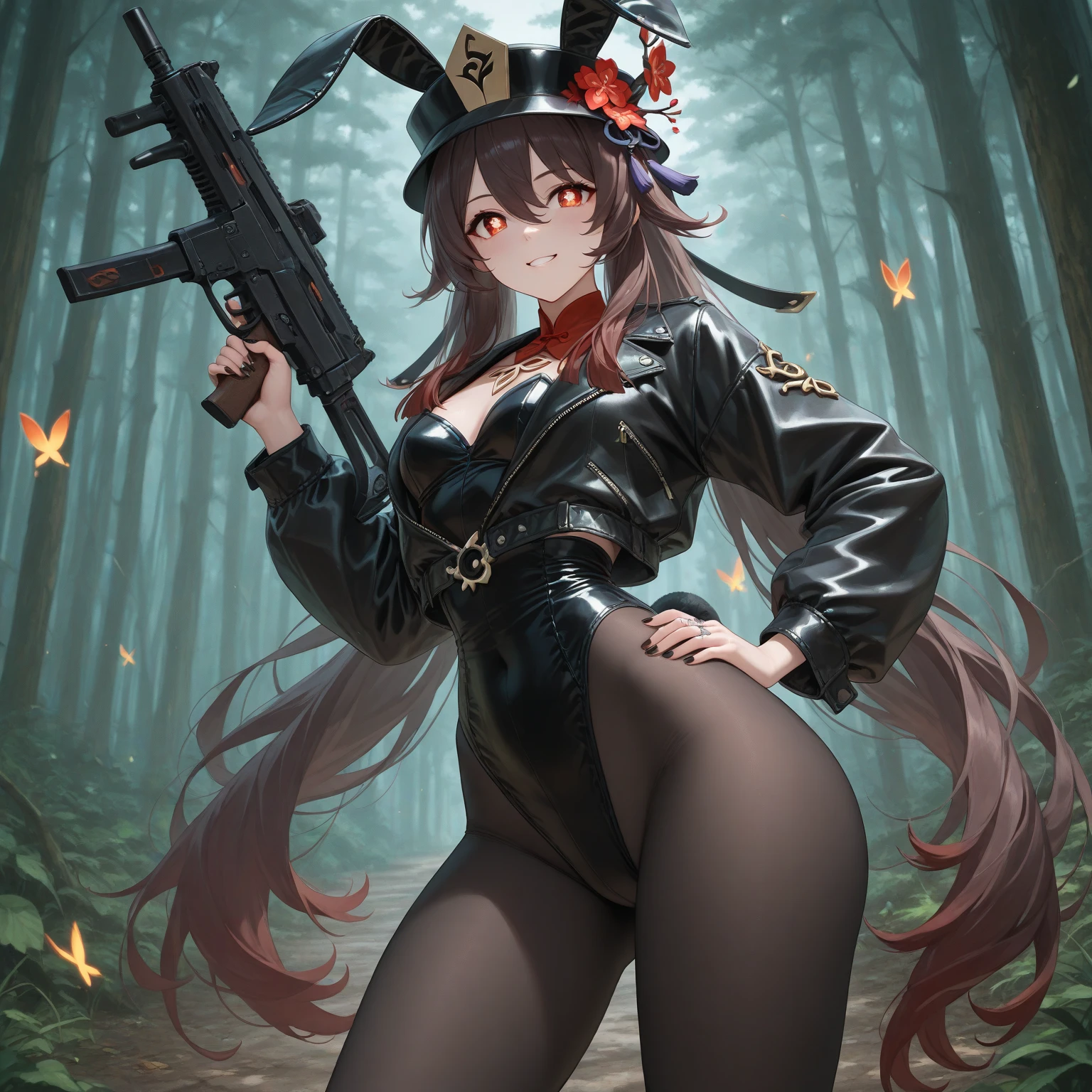 (8K,RAW photos,best qualtiy,tmasterpiece:1.2),(realisticlying,Photorealistic and realistic:1.37),Hyper-detailing,超高分辨率,1 woman,beautifull detailed face,exposing her chest,ssmile,teeth,Tall and tall,wind coat,The reveal panties,stocklings,Long-barreled pistol,profesional lighting,