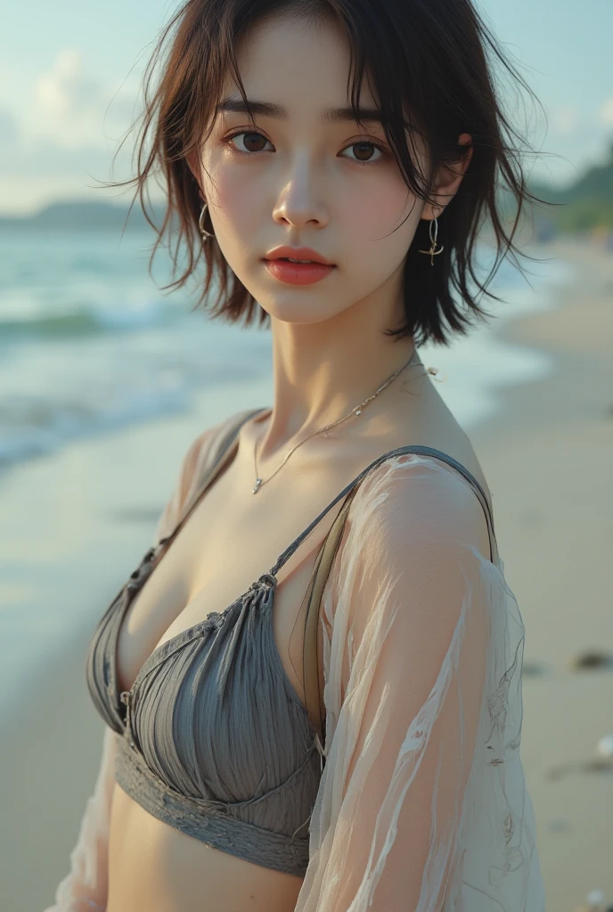 Araped woman with short hair, No makeup, without makeup, Centrally separated curtain bangs, Profile picture, Use Instagram Filters, Subtle soft and dim light, Pose looking back at the beach, sandy beach, tide, perfect face, julia sardinian, perfect hands, Random Actions, emerald sea, clear sky, Full-body view,