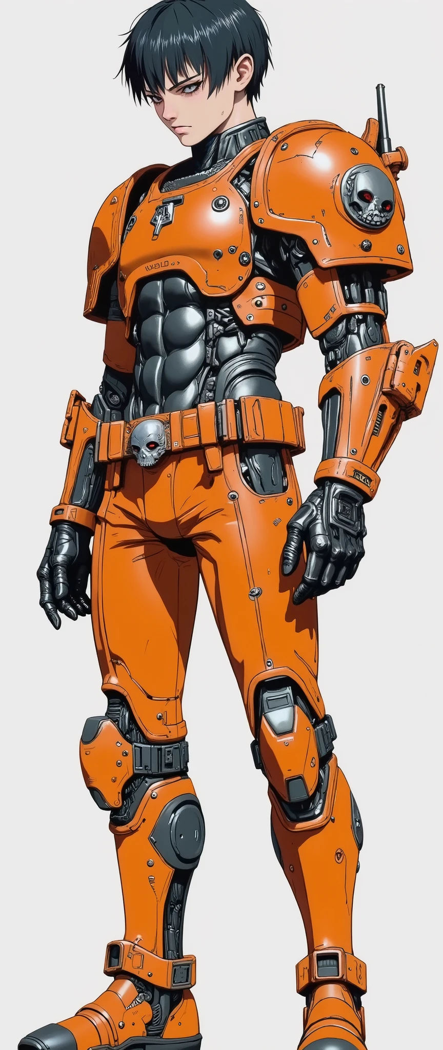 masterpiece, latest, very aesthetic, young boy wearing bionic armor similar to those of space marine soldiers, his face is evident, [[[ NO HELMET ]]] handsome face, Warhammer 40k armor, orange armor, broken armor with signs of deterioration, huge and disproportionate arms, huge and disproportionate legs, in the middle of his belt there is a symbol of a metal skull, he uses a modern machine gun, by Yang J, sacred cyborg, Warhammer 40k necromancer style armor, armor similar to that of black space marine soldiers, rossdraws 2.0, rossdraws 1.0, he is standing and [[is on his side]] and the image shows his entire body from head to toe {{side view}} [[Full body]] [[full body]], he has his head uncovered without a helmet, high quality image, adult style anime, more realistic facial features, reminiscent of 90's anime. Painting 2D, 90's anime colors, defined and striking features, black nails, eyeliner, villain's piercing gauze, high resolution, side face, masterpiece, high resolution, anatomically correct, high quality, "Ninja Scroll" anime style, white background. 'Blade & Souls' anime style Character introduction
