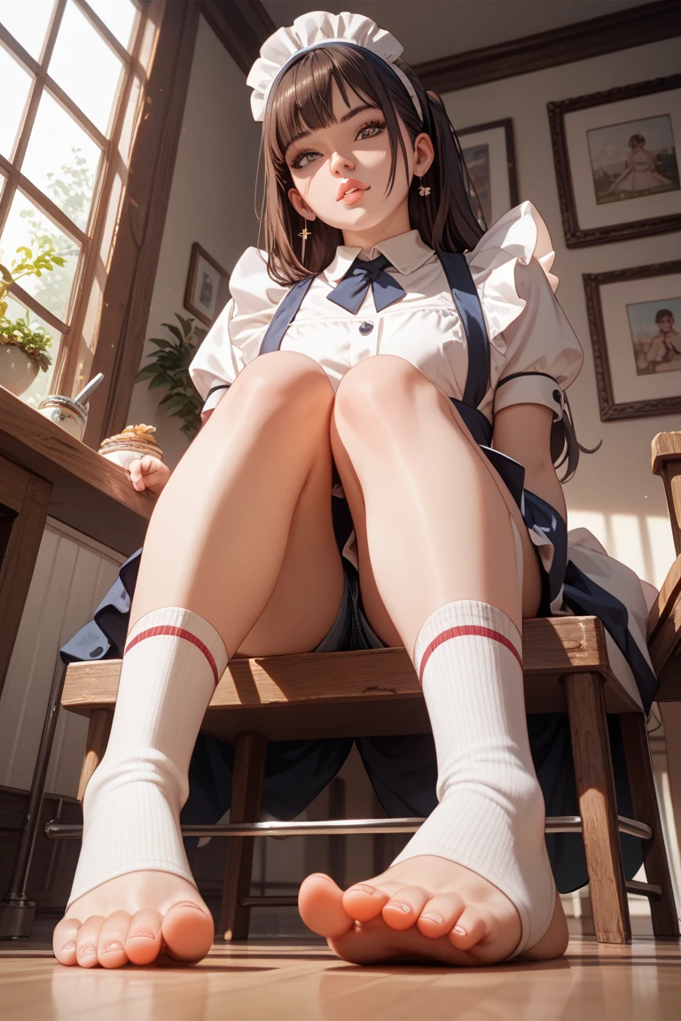 A girl wears JK with white stockings on her feet,Lying on the couch