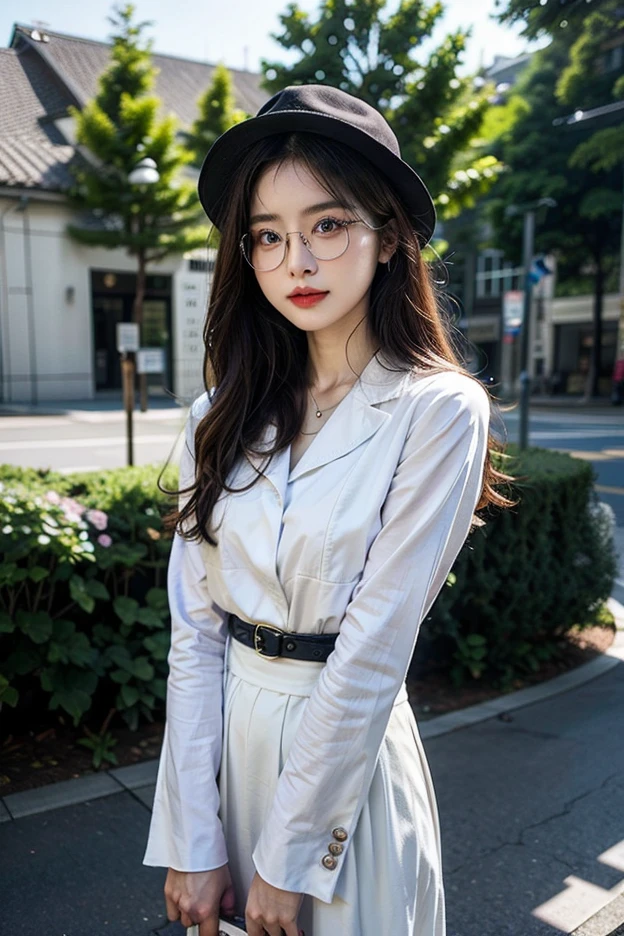 Best quality, full body portrait, delicate face, pretty face, 25 year old woman, slim figure, small bust, OL uniform, office clothes, black stockings, outdoor scene, sitting position, wearing glasses