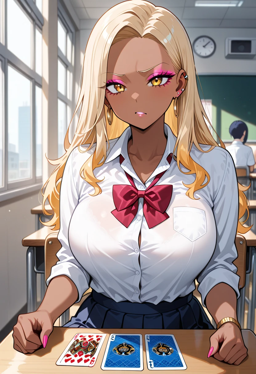 breasts, smile, short hair, multiple girls, skirt, blonde hair, large breasts, shirt, black hair, 1girl, cleavage, school uniform, collarbone, white shirt, hetero, necktie, dark skin, nail polish, pov, cardigan, red necktie, gyaru, <lora:CG-Hentai:0.8>