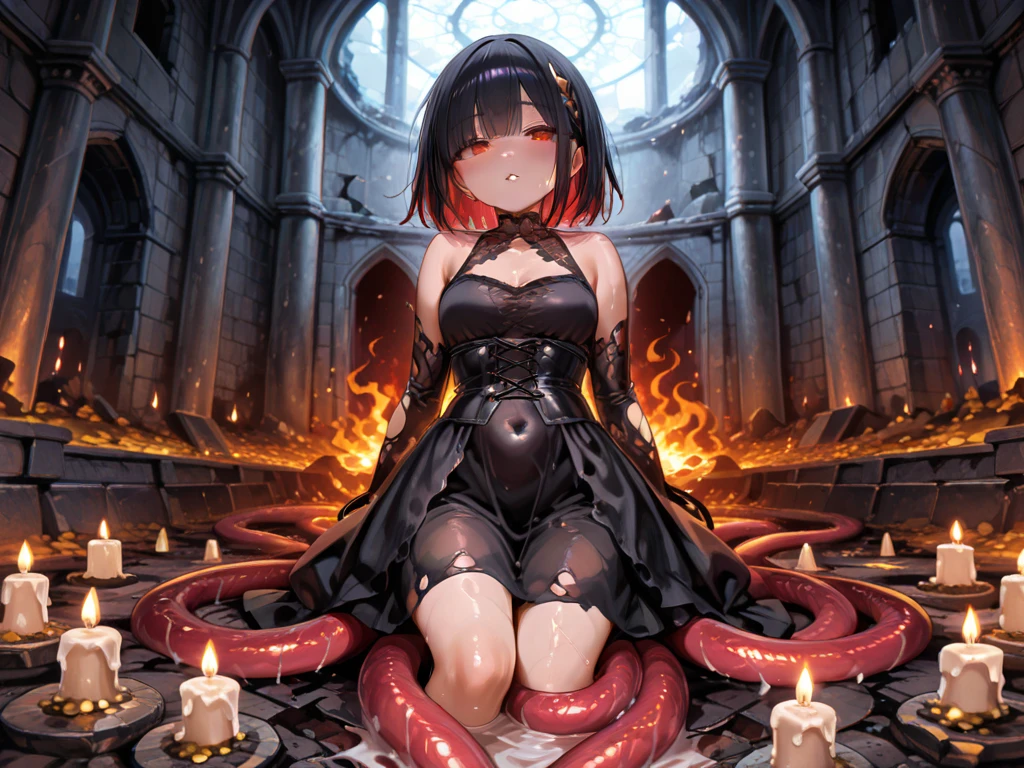 ((Woman wrapped in permeable brown body stockings. Octopus tentacles from overhead. babydoll:1.1)). Sharp eyes. Black hair. Long hair. Reduce skin exposure. sharp claws. dark mansion. Yanderes Mile. Tiara on the head. on the bed. Skull and candle.