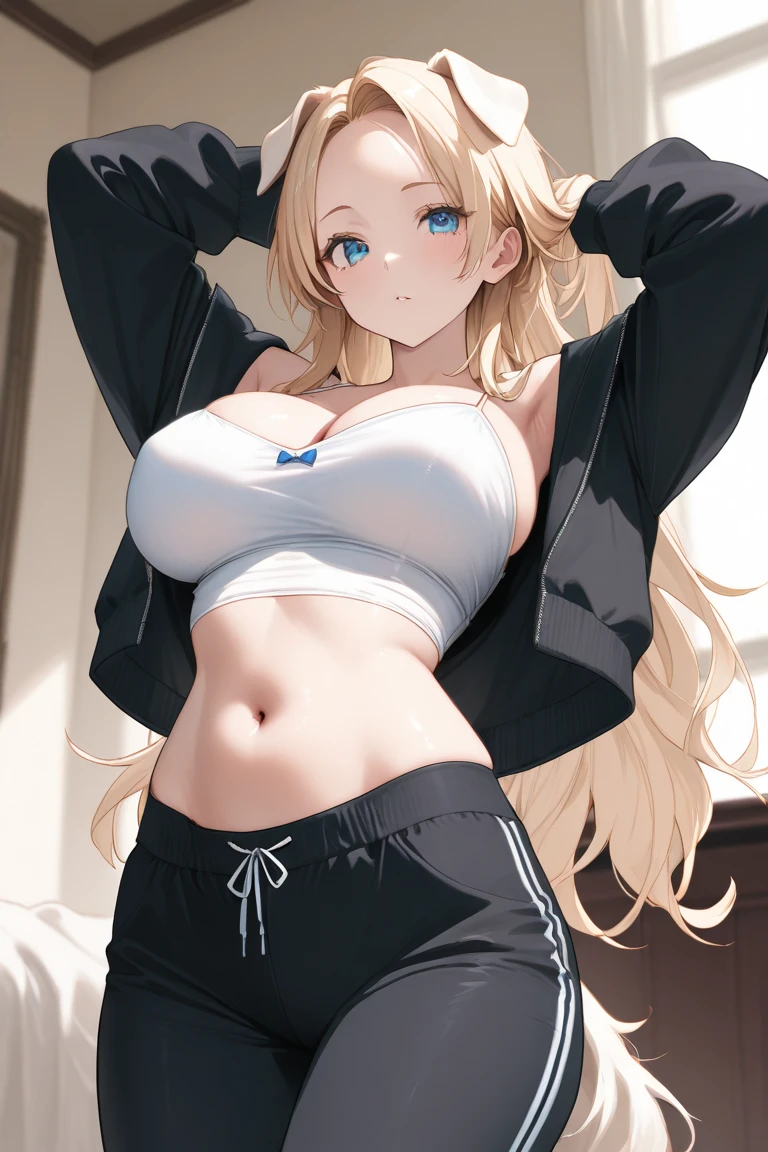 Girl wearing skimpy knit clothes, 1 girl, big breasts, blonde hair, nipples, navel, underboob, sideboob, delicate eyes, thigh-high socks, two side up, blush, white background, white knit arm cover, white Thighhighs, white knit, knit panties