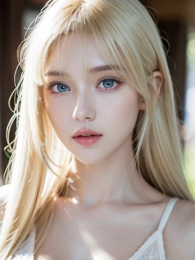1 girl, 19 years old, solo, super long straight hair, huge , bright look、Looking at Viewer, ((Glossy bright silky blonde hair))、Very beautiful eyes and disheveled bangs between the nose and eyes、white skin、Shining beautiful skin、Glossy skin、gross face、cheek gloss、small face beauty、bare shoulders, jewelry, whole body, (Highly detailed 8K wallpaper), soft lighting, high quality, film grain, Fujifilm XT3 sharp focus, F 5.6, high detail, Tits sharp focus,(natural light), (Close-up:1.2), (seductive tits), off shoulder t-shirt, Reality, sexy、She has beautiful big bright pale blue eyes、very big eyes、eyeliner、young face、round face、cheek glossハイライト