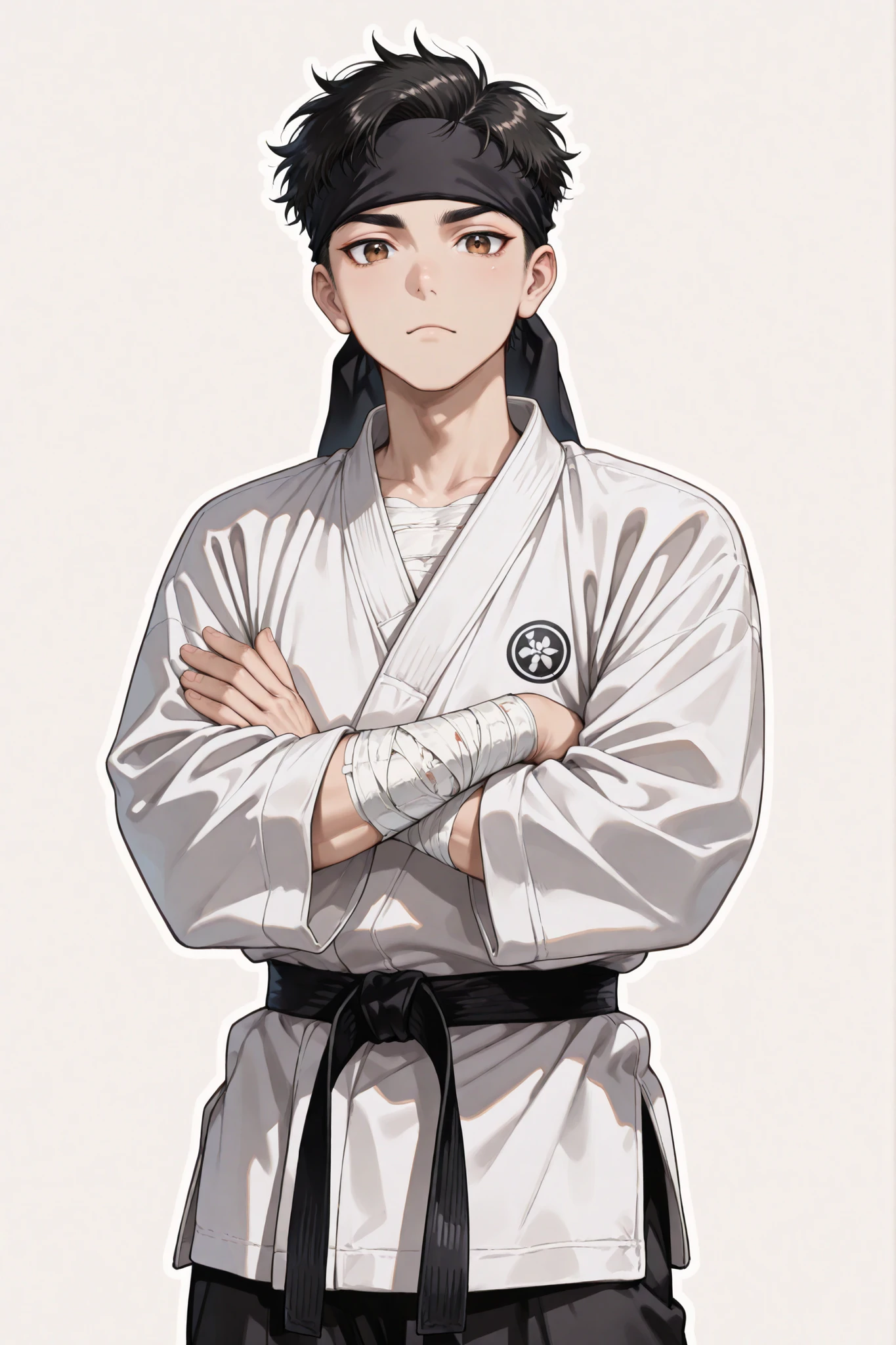 (masterpiece), best quality, expressive eyes, perfect face,1 boy, short hairs, black hairs, brown eyes, looking at viewer, cowboy shot, soft eyes, respectful, (( young man, male, short hairs, asian boy)), (( wearing white kyokushin gi, karate uniform, black pants, hands wrapped in bandages, black headscarf, karate belt, hands crossed)), (((very short hairs))), (plain background), semi realistic, Balletcore, white outline