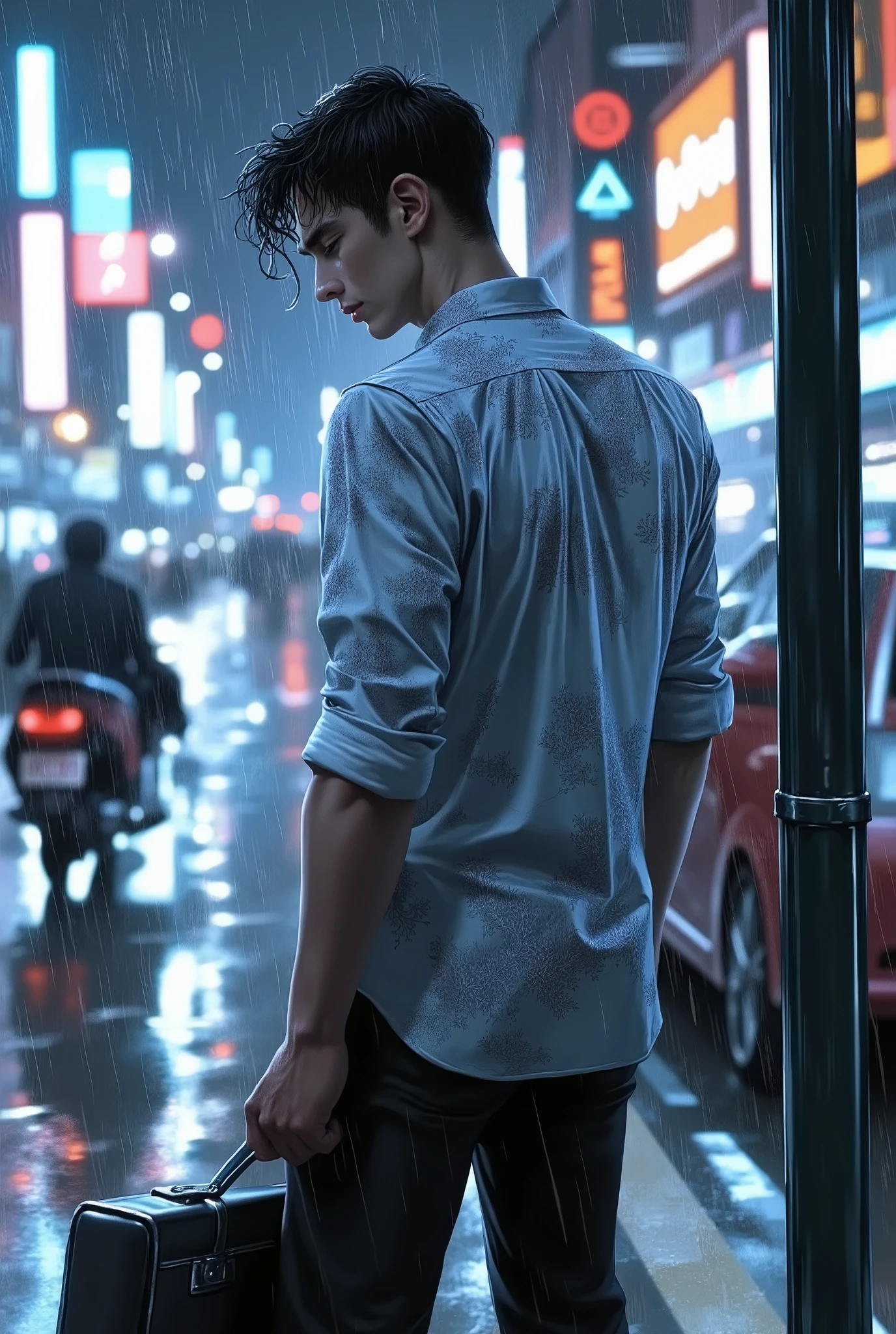 (Masterpiece, high detail, best image, high resolution). Watercolor painting of a young Indonesian salaryman standing at a bus stop in Jakarta during heavy rain. His hair is soaked, water dripping down his face, his batik shirt clinging to his body. He gazes down sadly, clutching a briefcase, neon city lights reflecting on the wet pavement. The background shows blurred silhouettes of bajaj and motorbikes passing by. Cool blue and gray tones dominate, with soft, flowing brush strokes capturing a deep sense of loneliness and longing.