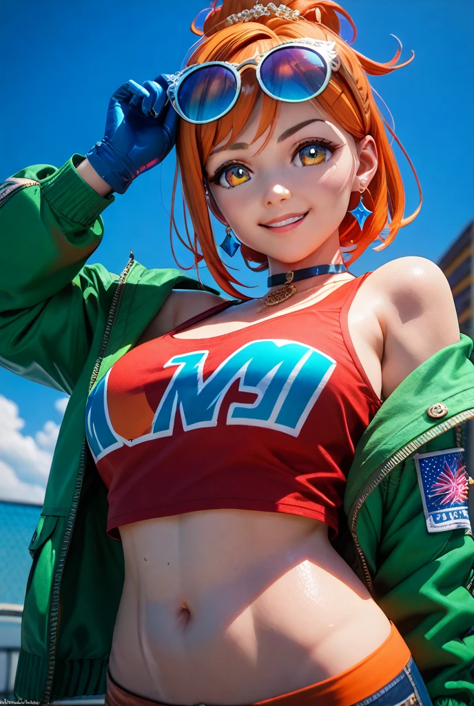beautiful pinkish-red hair, green eyes, tanned, athletic, small breasts, Best Quality, Detailed, Perfect face, Beautiful face, 1girl, Best Quality, Highly detailed , sadistic smile pantyshot, (frombelow: 1.3), looking back, cuddling, tight sporty clothes, ass, cock buldge under clothes