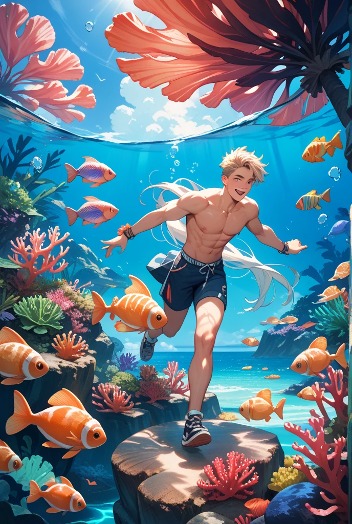 Two boys,swimmning,ocean floor,The fish