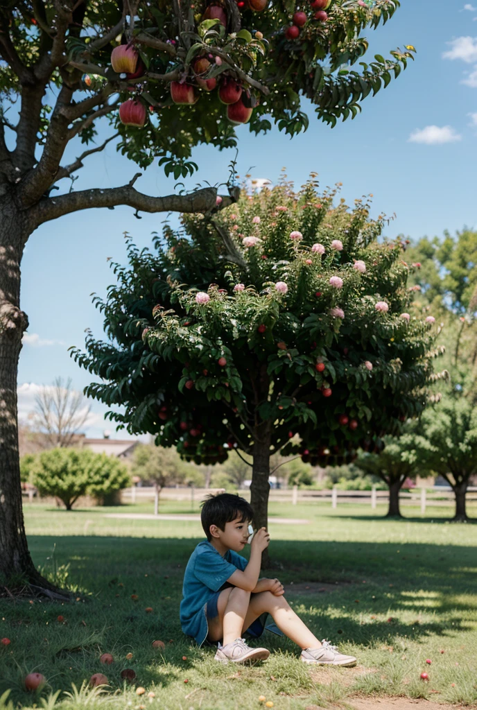 Boy next to an apple tree