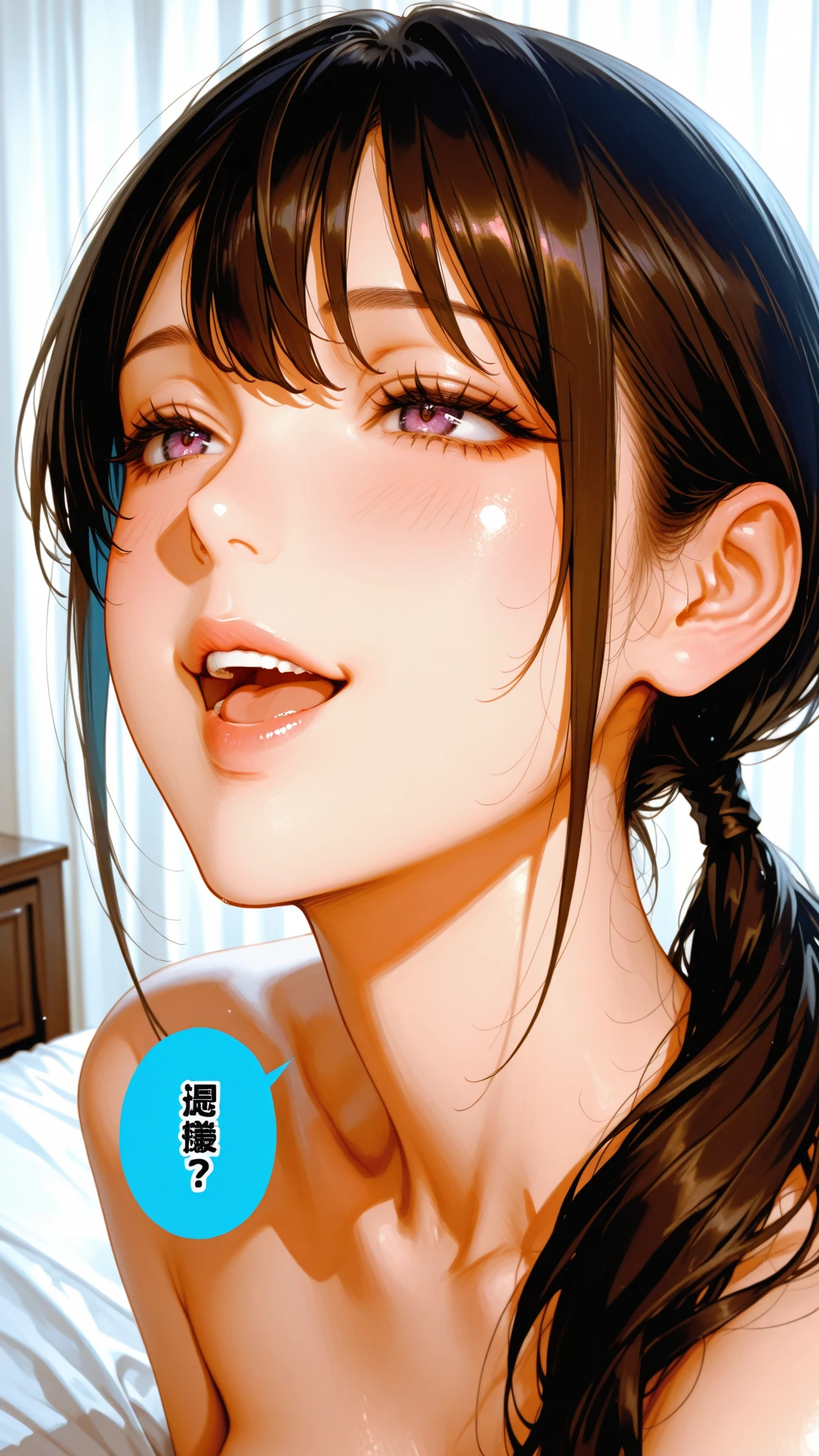 (((Fully naked body)))ponytail、 ((Woman sleeping in bed)), Black Hair, Full Back Realistic Face, Natural Face, Top view, Beautiful sleeping face, An exquisitely crafted face,3 poses before and after　Highest quality、Photorealistic、8K quality、High resolution、One Girl Uniform、20-year-old、Uniformity of hairstyle、Exposed breasts、Shooting illustrations in one shot　3 illustrations　Pause the front view　真From below撮ったポーズ画像　　3 poses sexy frontle　From below　斜めFrom belowのアングル　　正面From belowのアングル、((Hands tied up))