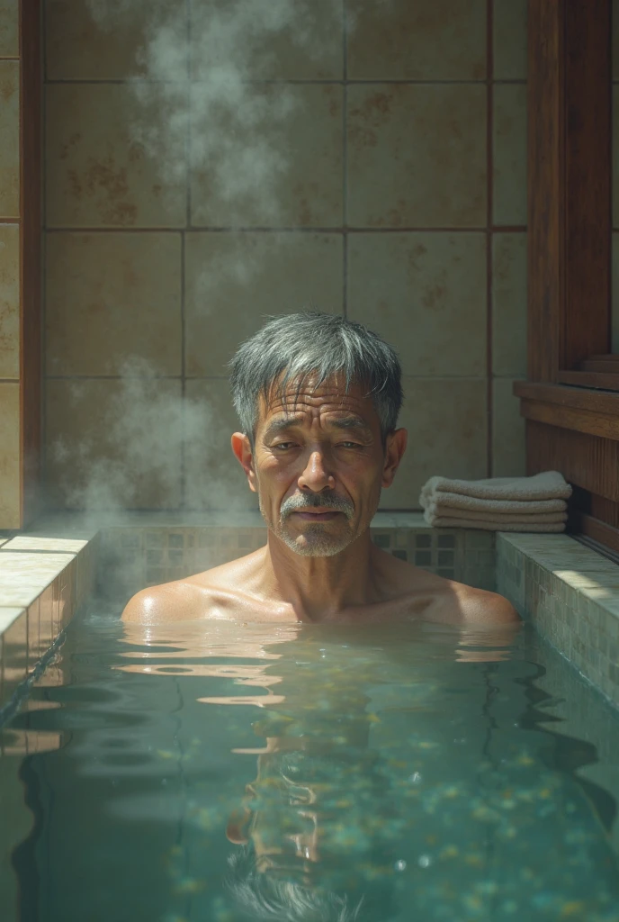 a Korean male soaking in a hot spring in Japan, outdoor hot spring, stone hot spring, surrounded by moss and trees, handsome, gray hair, wrinkles, middle age, 55 years old, pure body, (smile:0.8), (realism:1.5), soaked body, covered in sweat, bare shoulders, in the dark, deep shadows, low-key, cold light