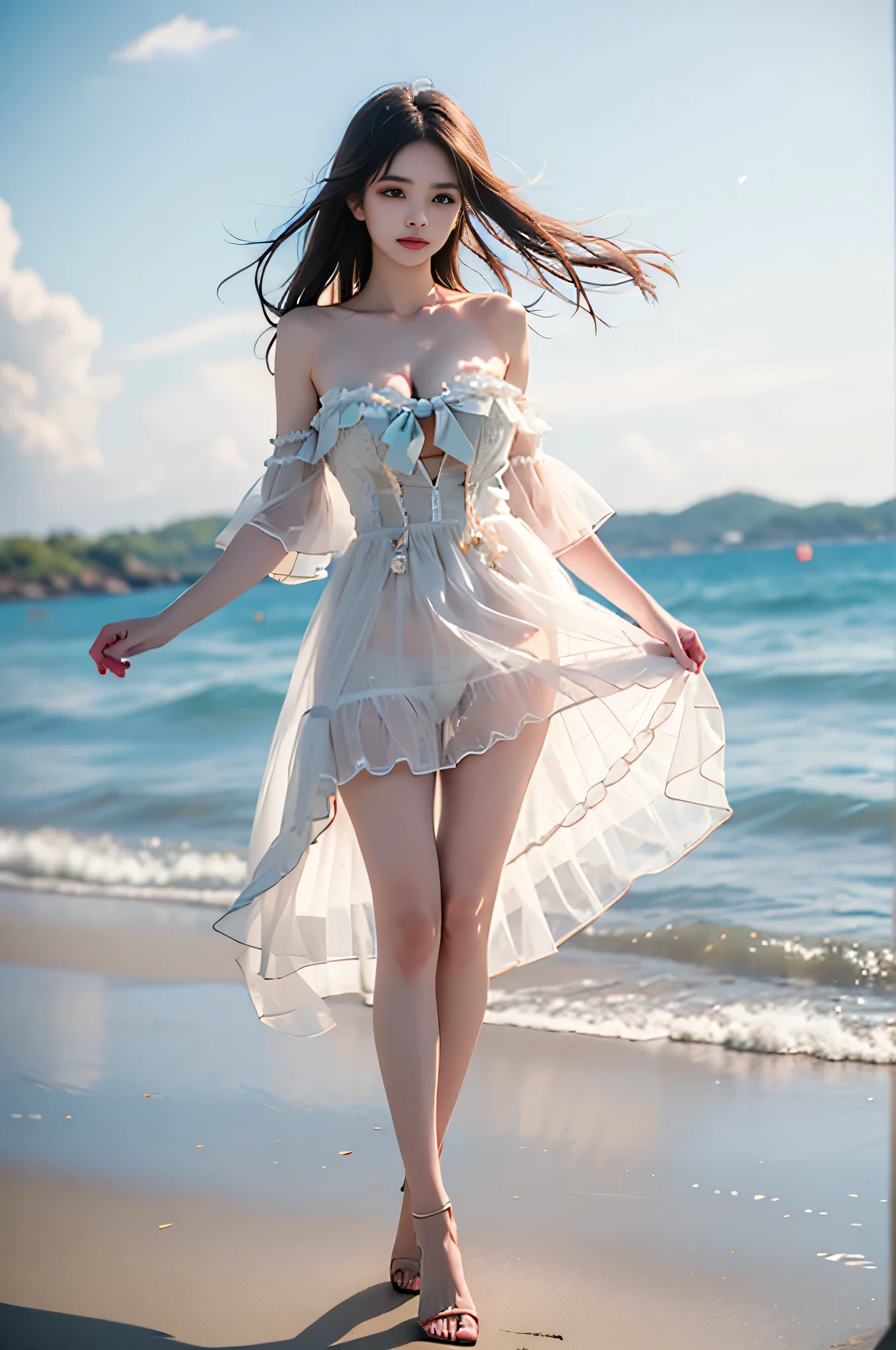 (Surreal)、(hight resolution)、(8K)、 (ighly detailed)、(Ultra clear skin pores)、(top-quality、masterpiece:1.3)、((sharpnes))、ciinematic light、 extremely tense and dramatic pictures、the moving visual effects、Full view、Beautiful girl in a white dress、1womanl、full body Esbian、Ultra mini skirt、Shoulders are sticking out、Green eyes、Smaller chest、Small butt、natta、starrysky、shooting stars、Stroll along the sandy beach、Blue Sea、Far Horizon、Distant islands々、Into the cloud、Mid summer、From a bird's-eye view、