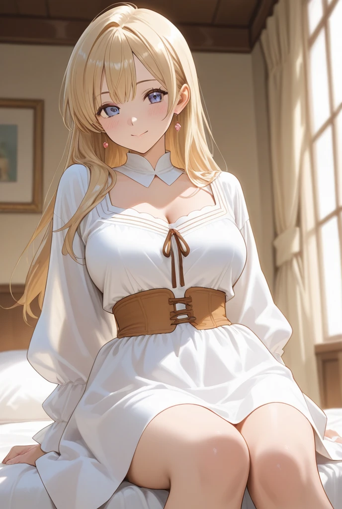 (Masterpiece: 1.5, better quality, high resolution: 1.3, super resolution, super detailed, ultra detailed: 1.3, rich background: 1.2, 1 woman)) Pale skin + light brown hair + wavy hair + dark eyes + deer eyes + Long eyelashes + separate bangs, visible front + female body + medium chest + wide hips + toned body + blush on the cheeks + beautiful legs + pecas on cheeks (it has rabbit ears, it has intricate deer horns, short top with neckline, Thick necklace on the neck, leggins to the waist, gabardina with white fluff) ((smiles, sitting in a bed with many pillows, pillows around it, solar lighting, attractive appearance) (colors for clothing: white, brown, black , golden)