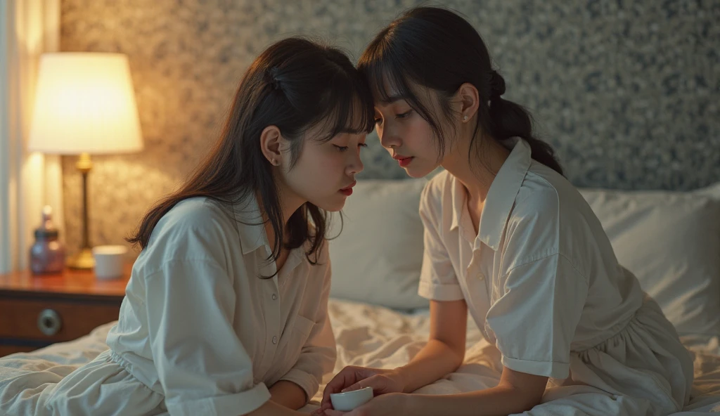Twice's Jeongyeon kissing Twice's Nayeon in bed