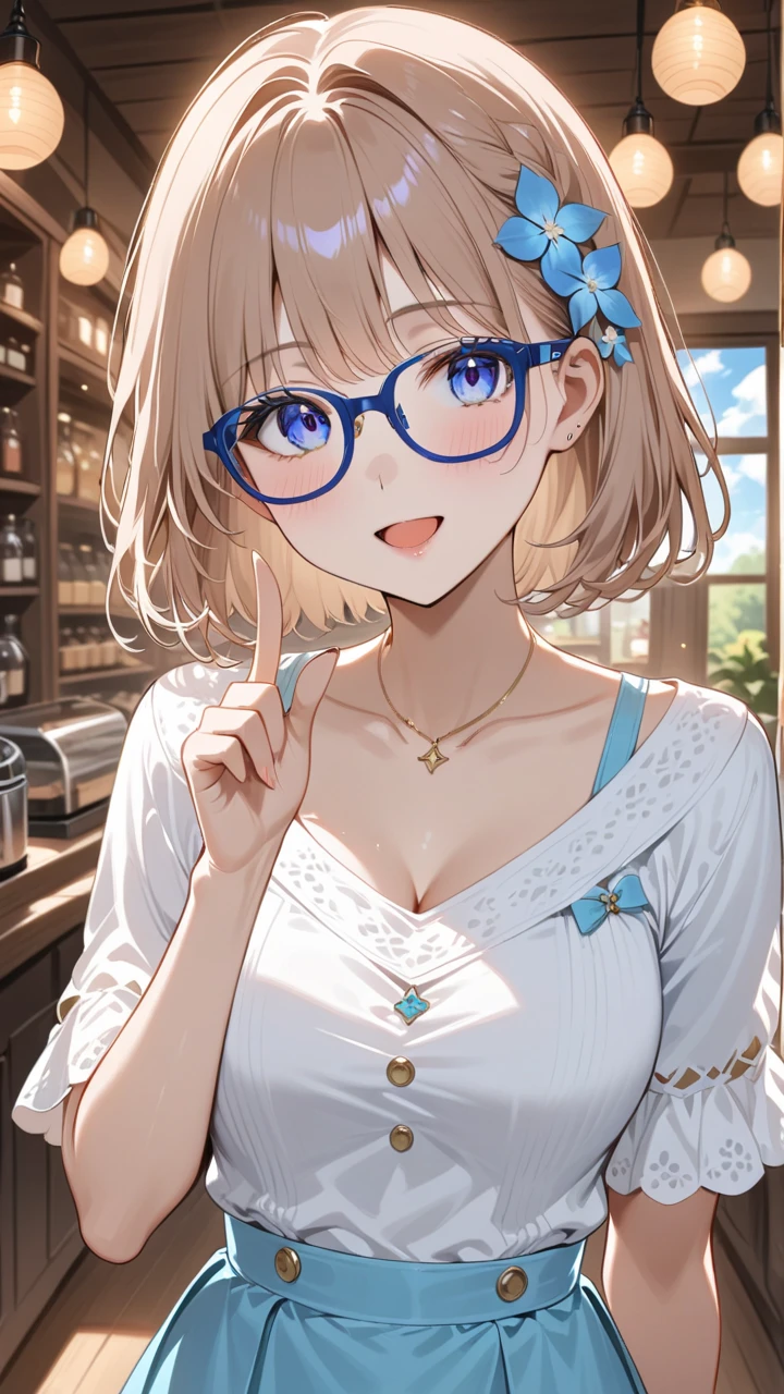 Masterpiece Anime Illustration: "Adorable Moment of Clarity button". Incredibly cute and charming anime girl, full-body three-room outfit, capturada en el instante en que se está quitando con delicadeza sus gafas Wellington 22A. Your expression is sweet and slightly surprised or relieved, with big, shiny eyes, color sky blue now more visible. a slight blush on its cheeks. silky, detailed hair, light grey color, picked up with a dark blue sweep framing her adorable face. Wear a casual and pretty, a cozy and cute sweater on a skirt short, or a light summer dress. The lighting is soft and warm, highlighting its cuteness . detailed and atmospheric background, maybe a cozy room, a charming coffee shop or a sunny park, with a nice bokeh effect. sharp focus on it, especially on her face and glasses. Composition that maximizes your attractiveness and gesture. 8K quality, ultra detailed, to burst the "I like". blora:sdxl_high_detail_bblora_name:0.6 blora:HQ_hdr_model_bblora_name:0.5 blora: Wellington _Hell_ frame _glasses_bblora_name:0.75