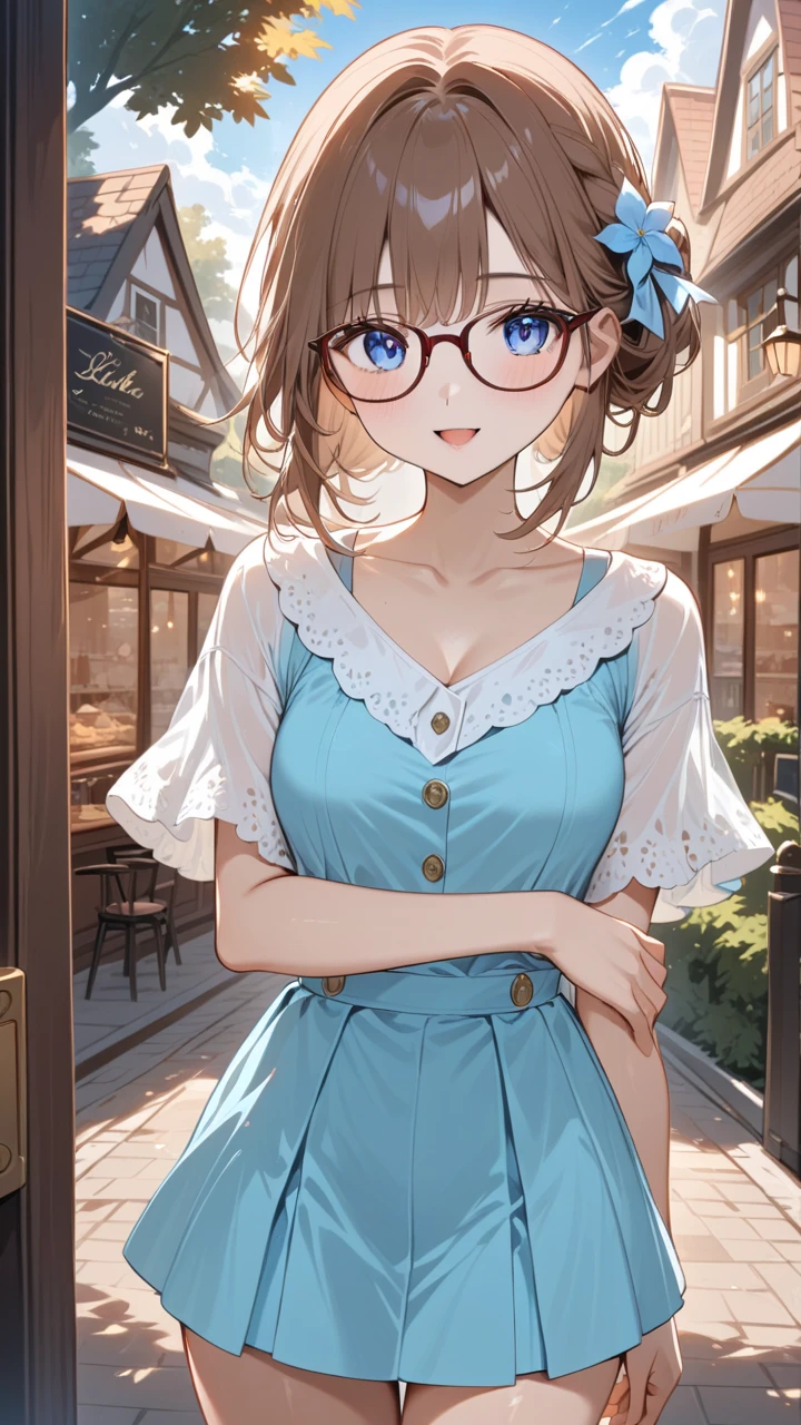 Masterpiece Anime Illustration: "Adorable Moment of Clarity button". Incredibly cute and charming anime girl, full-body three-room outfit, capturada en el instante en que se está quitando con delicadeza sus gafas Wellington 22A. Your expression is sweet and slightly surprised or relieved, with big, shiny eyes, color sky blue now more visible. a slight blush on its cheeks. silky, detailed hair, light grey color, picked up with a dark blue sweep framing her adorable face. Wear a casual and pretty, a cozy and cute sweater on a skirt short, or a light summer dress. The lighting is soft and warm, highlighting its cuteness . detailed and atmospheric background, maybe a cozy room, a charming coffee shop or a sunny park, with a nice bokeh effect. sharp focus on it, especially on her face and glasses. Composition that maximizes your attractiveness and gesture. 8K quality, ultra detailed, to burst the "I like". blora:sdxl_high_detail_bblora_name:0.6 blora:HQ_hdr_model_bblora_name:0.5 blora: Wellington _Hell_ frame _glasses_bblora_name:0.75