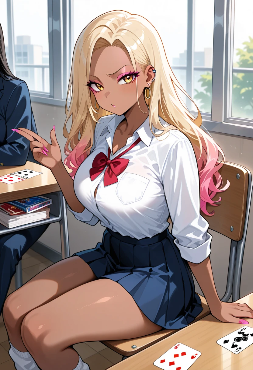 (masterpiece:1.2, best quality), 1lady, solo, school uniform, classroom, day, sit, blonde, twintails, red eyes, open collabone, darkskin, (open breasts:1.1),