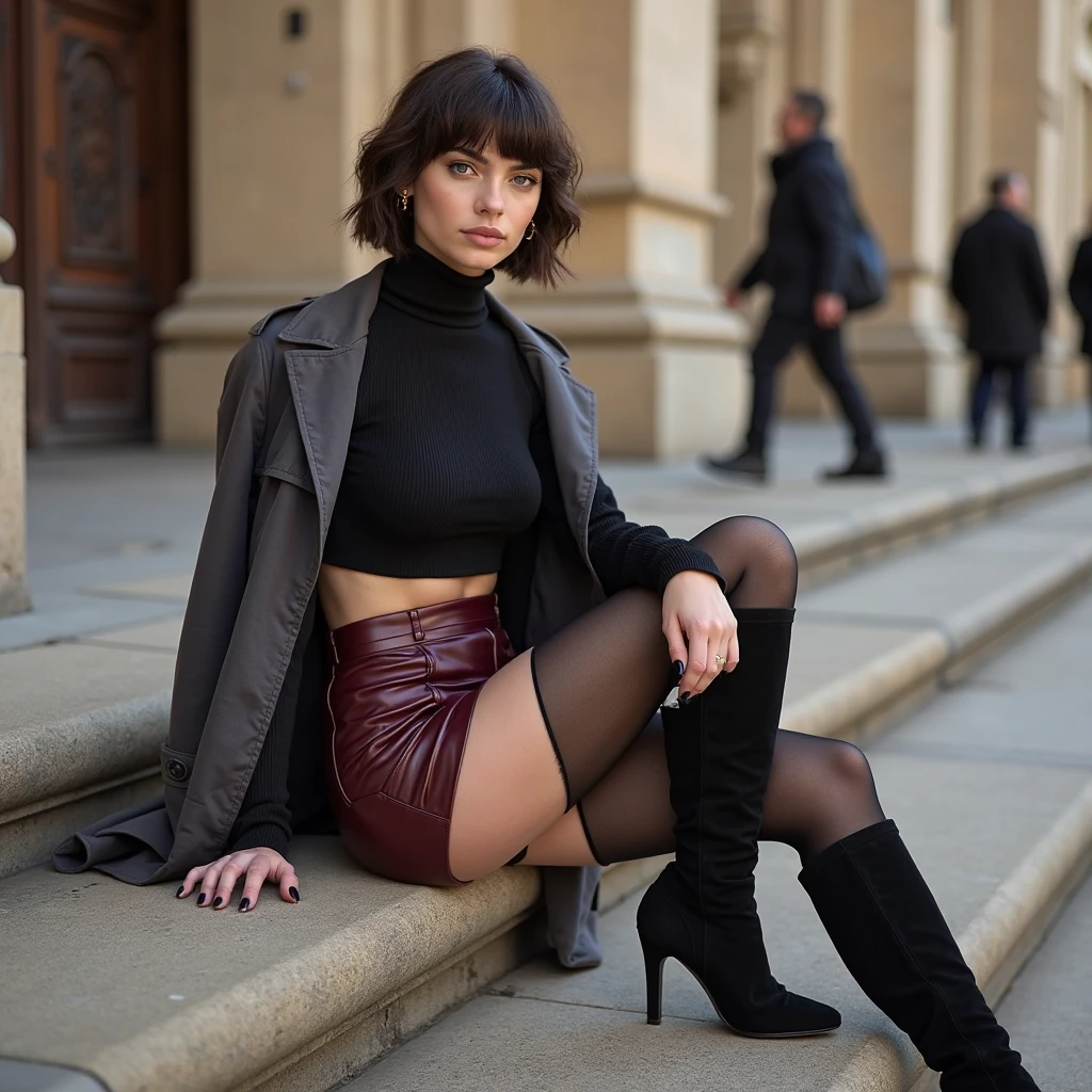 In a miniature city, model, she is standing, she is giant, tiny city. Tiny city. 18-year-old Brazilian young woman, She is 5 feet 7 inches tall, She has a slender She is on all fours.face, she has freckles, "she has bob haircut", she has tanned skin, she has a 90E bra size, She has a slim waist, she has big buttocks. She is wearing a black skirt, a black jacket, and tall black boots.