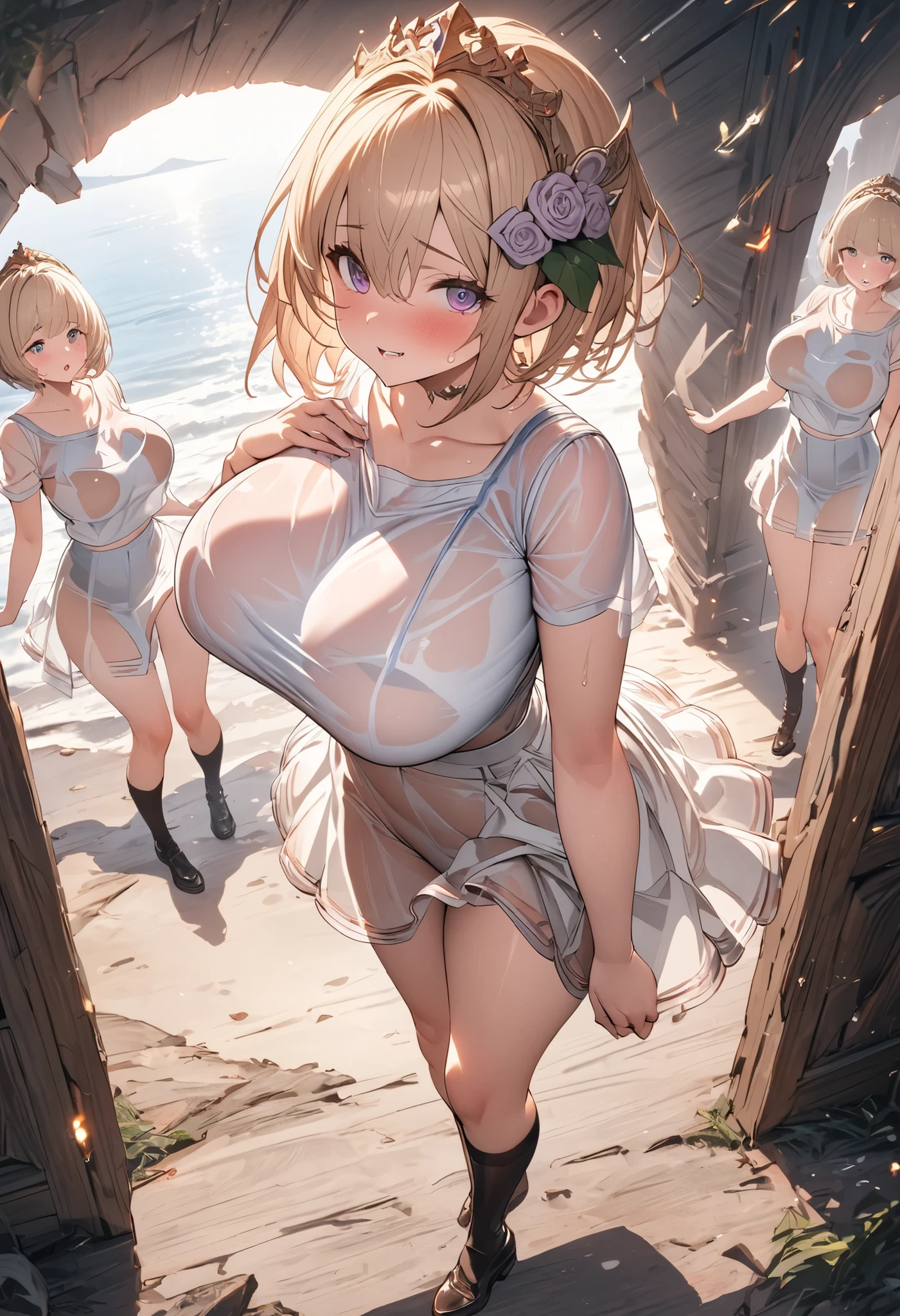 mano_sakuragi_\(idolm@ster\), (kinako_(shiratama_mochi style), detailed background, masterpiece, hyper realistic, realistic skin, best quality, 1girl, town, village, monstadt, world tree, ??????????????, huge ???????, ????? ???????, looking at another, ???????, full body, vector illustration, ???????, light smile, blunt bangs, short hair, stomach, navel, ???? shoulders, light brown hair, laundry, clothesling, black skirt, white waist apron, wet, soaked, raining, blue sky, rinsing clothes, doing laundry, stretching, open mouth, falling leaves, resting, maid, wet body, windy, large windmill