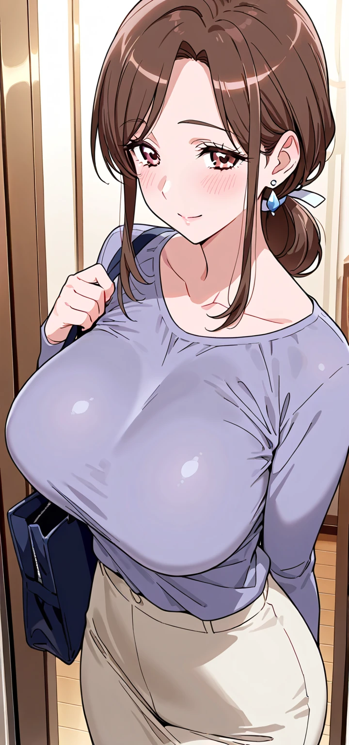 Beautiful and sexy girl, big breasts and plump, short brown hair and wearing tank top