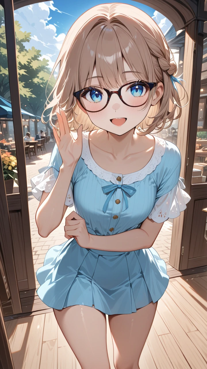 Masterpiece Anime Illustration: "Adorable Moment of Clarity button". Incredibly cute and charming anime girl, full-body three-room outfit, capturada en el instante en que se está quitando con delicadeza sus gafas Wellington 22A. Your expression is sweet and slightly surprised or relieved, with big, shiny eyes, color sky blue now more visible. a slight blush on its cheeks. silky, detailed hair, light grey color, picked up with a dark blue sweep framing her adorable face. Wear a casual and pretty, a cozy and cute sweater on a skirt short, or a light summer dress. The lighting is soft and warm, highlighting its cuteness . detailed and atmospheric background, maybe a cozy room, a charming coffee shop or a sunny park, with a nice bokeh effect. sharp focus on it, especially on her face and glasses. Composition that maximizes your attractiveness and gesture. 8K quality, ultra detailed, to burst the "I like". blora:sdxl_high_detail_bblora_name:0.6 blora:HQ_hdr_model_bblora_name:0.5 blora: Wellington _Hell_ frame _glasses_bblora_name:0.75