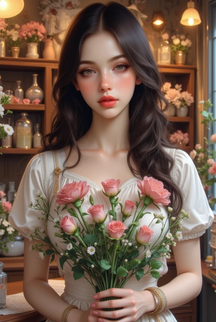 Pale pink An antique dress with a red strawberry pattern Red glasses Black hair straight Hime cut