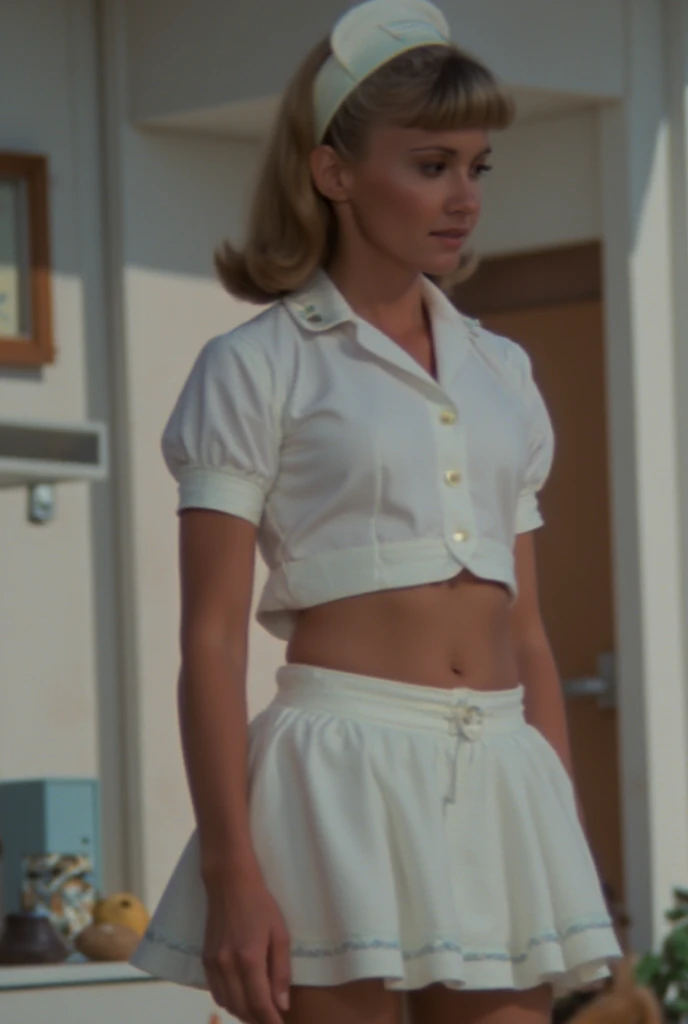 By slim aarons, isometric view of a incredibly cute young woman wearing a satin mini skirt with silky satin bow collar blouse, glossy fabrics, elegant, jenna fisher, miniature