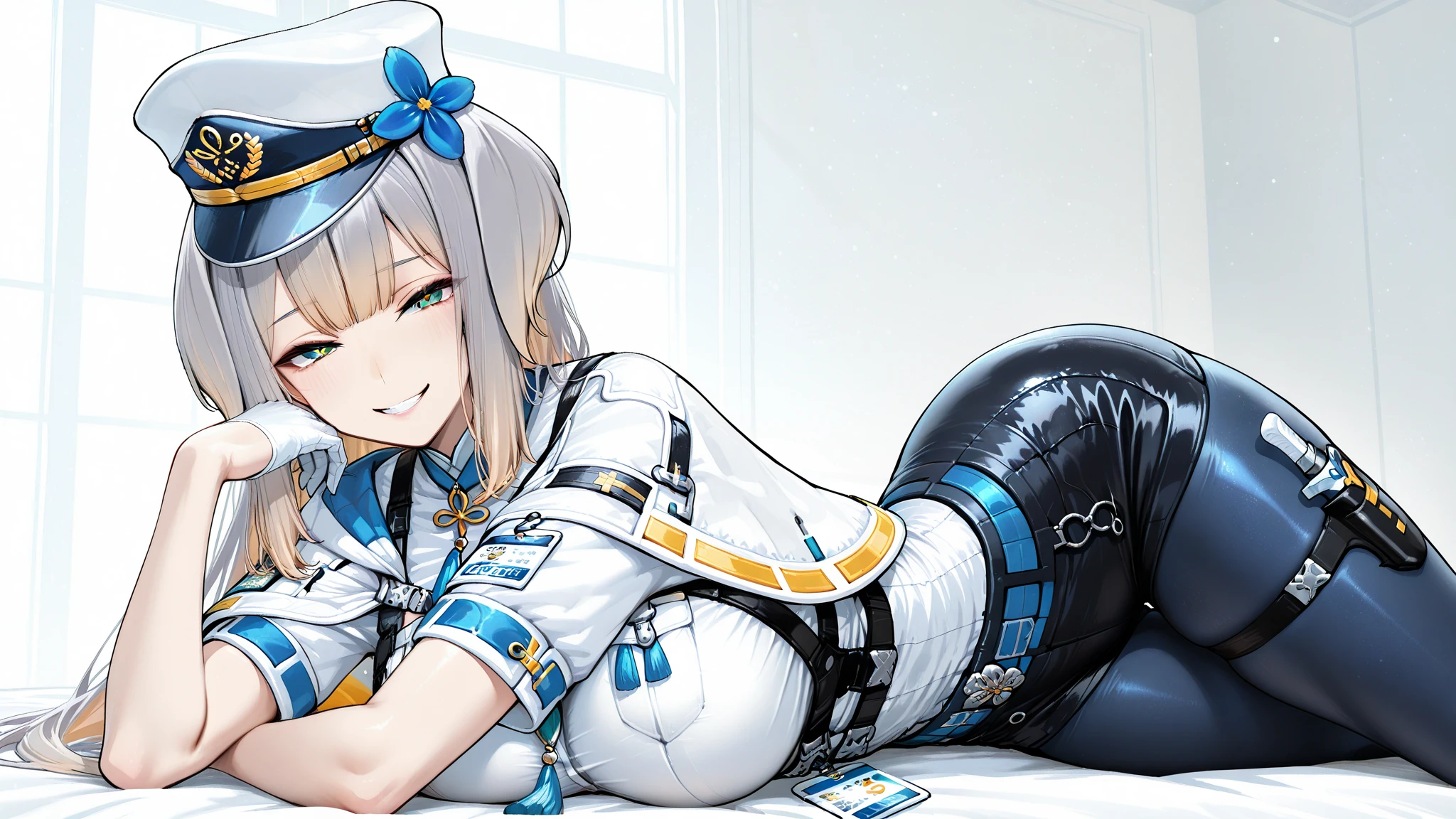 ((best quality)), ((masterpiece)), (detailed), Mommy, captain hat, White Naval uniform, White jacket in shoulder, White stocking, big breast