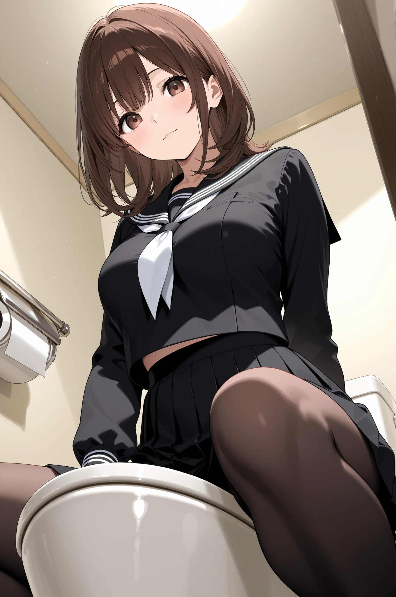 ((masterpiece,best quality)), highres, extremely detailed 8K wallpaper, depth_of_field, cowboy shot, solo, 1girl, kr1, brown eyes, long hair, blunt bangs, slender, skinny, medium breasts, kibito high school uniform, sweater, pleated skirt, socks, white string thong, (full-face blush), embarrassed, BREAK, Flashing panty, (Skirt lift:1.4), (lifted by self:1.4), string thong focus, (restroom:1.2),(urinal:1.3), dirty, trash, cracked wall, dark, broken, abandoned, (night:1.5),(dark background:1.1),  extremely detailed hands, ((accentuate white string thong)), ((skirt grab with both hands)),