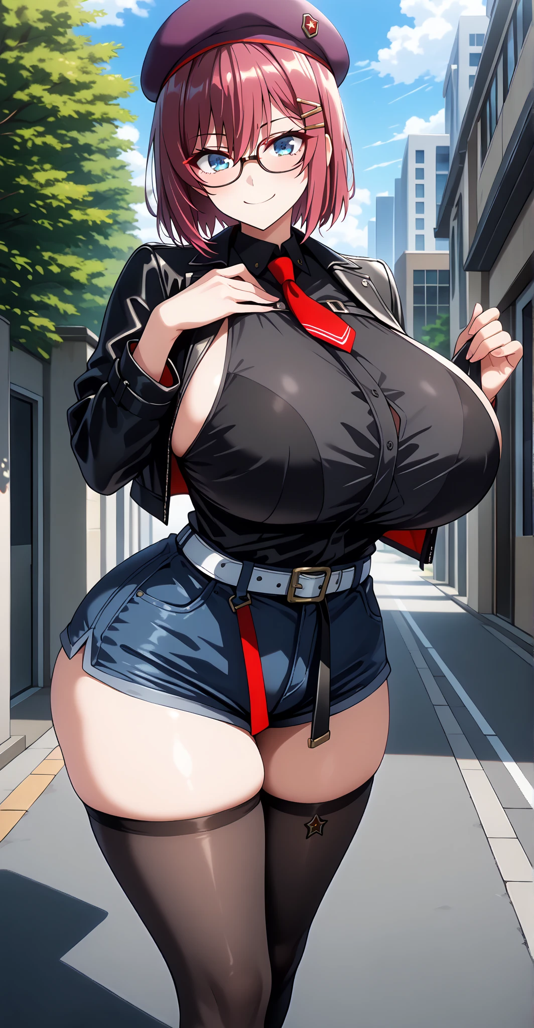 1girl, black_skirt, blue_hair, building, city, cityscape, hair_between_eyes, jacket, looking_at_viewer, medium_hair, multicolored_hair, multiple_boys, night, off_shoulder, outdoors, pleated_skirt, road, shirt, skirt, skyscraper, smile, solo_focus, street, white_shirt, ginormous breasts, overflowing bra, Huge plump breasts, seductive, blushing, steamy ,solo