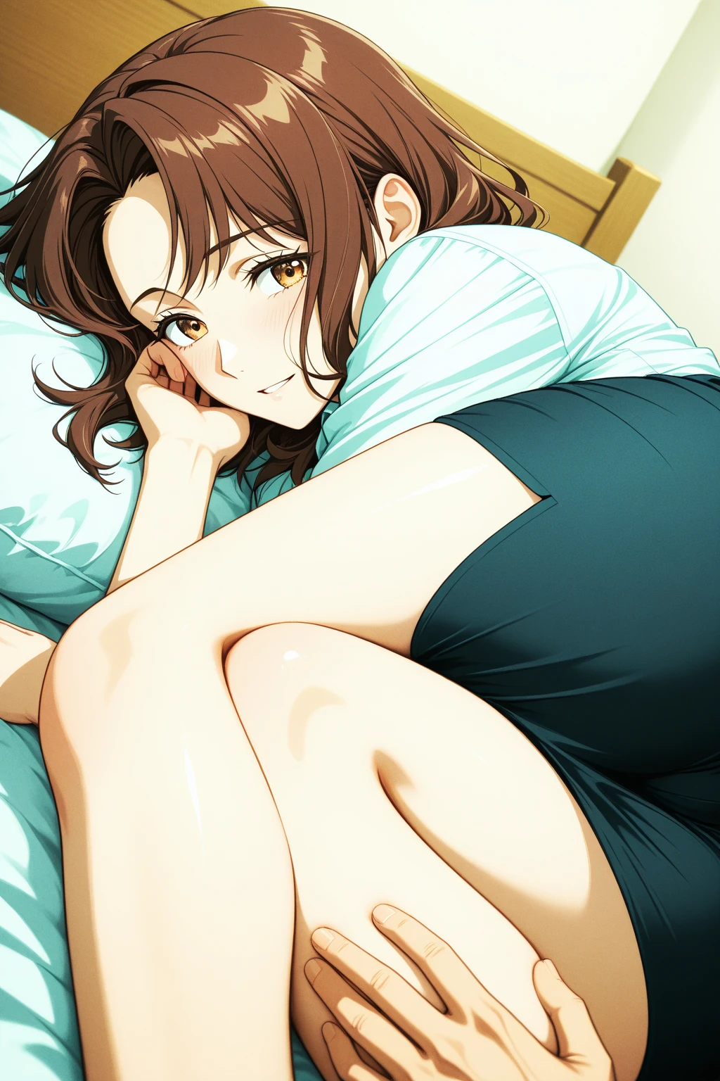 A beautiful girl, orange skirt, barefoot, sleeping on bed, bedroom