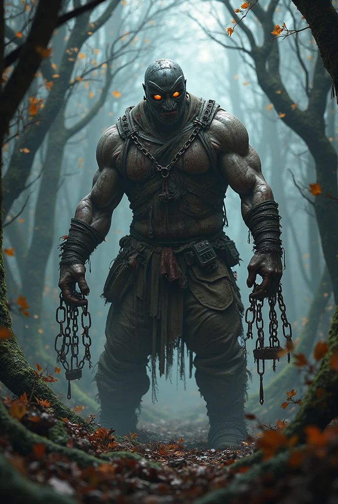 In the cyberpunk world a muscular white man with 2,30m and 130kg of pure muscle. In combat position carrying a single weapon. This weapon is a giant combat hammer, used for crushing titanium oe grid robots. The background should blend a decaying forest with a dystopian technological advancement.
