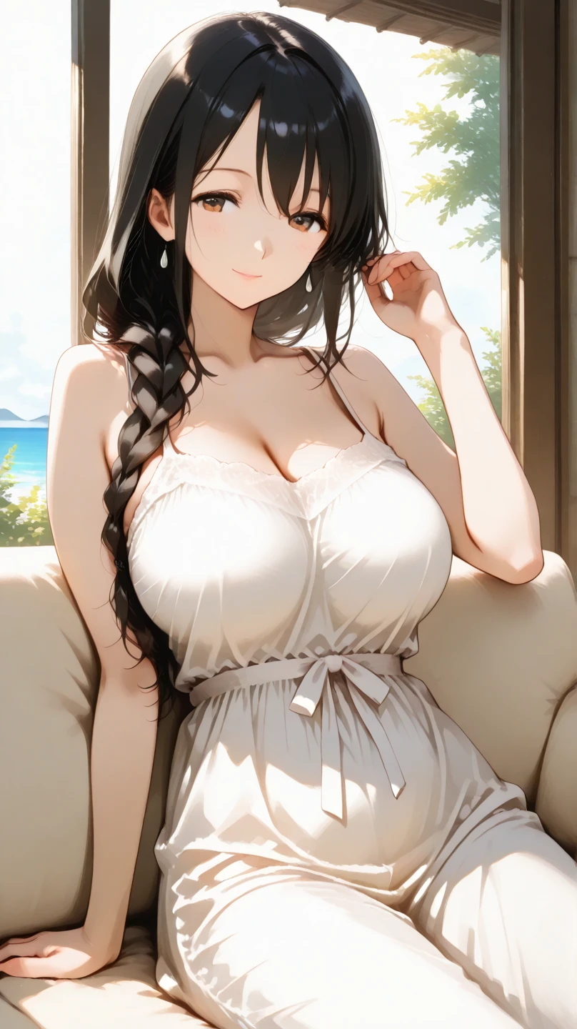tmasterpiece, hoang lap, hyouka\(Boruto\), 1girll,a mature female, Purple slip dress,cleavage,Large breasts,Brown pants,exteriors,Lavender flower field, looking at viewert, (Falling petalostly cloudy sky, perfect compositions, Detailed lips,, beauitful face, Body support, Be red in the face, (redish pink lips), long whitr hair, White eyes, Soft gaze, Sad smile, Super realistic, A detailed, photoshoot, Realistick faces and bodies, photo-realistic hair, photorealistic eye,realistic nose,realistic lips , sex scene, full body, sex ,