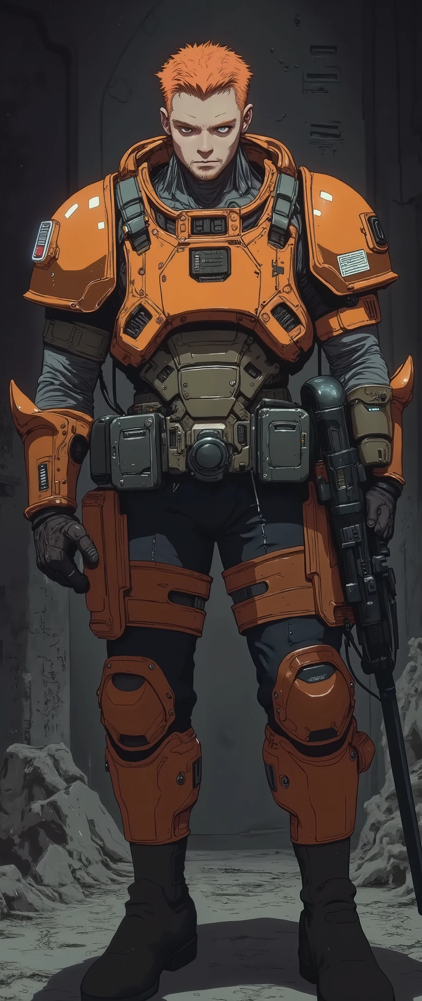 A 40-year-old man, ex-military, has curly orange hair, wears a short beard, is thin and tall, wears orange armor similar to that of the space marines from Warhammer 40km, close-up scene, he is bald, friendly and charismatic appearance, HE IS FRONT, HE IS LOOKING AT THE VIEWER, anime character, rendered in the style of the anime "Vampire hunter d'bloodlust, anime berzeker style, [[ Full body scene ]]] [[[ Full body ]]] [[[ The image shows from head to toe ]]] rendered in the 90s anime style, cel tone, 3 tones, high contrast, 4k, dark fantasy, dark scenery, fine and defined lines, 90s anime manga style, fine outlined lines, Japanese anime style, 4k