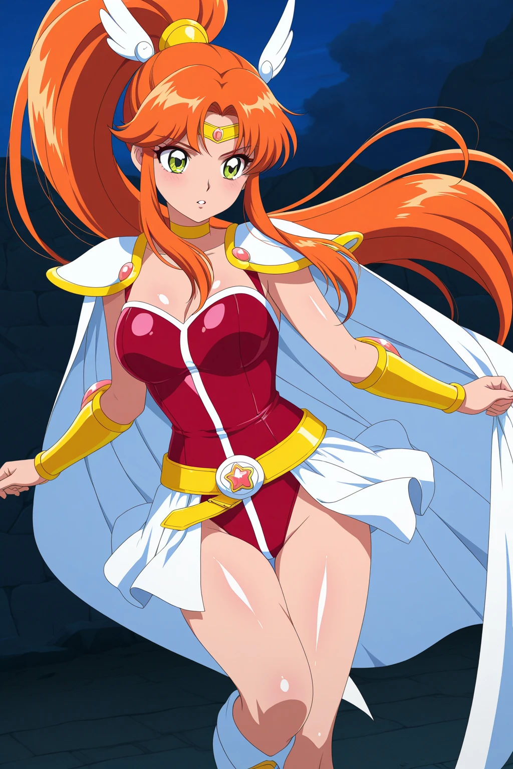 ultra-detailed, Explicit, Beautiful body, Beautiful Nose, Beautiful character design, perfect eyes, perfect face, ultra highres, 4K, beautiful legs, perfect legs, Nice hands, Perfect hand, Masterpiece, Best Quality, Highly detailed, illustration, absurdres, perfect anatomy, BOOTS, THIGH BOOTS, BODYSUIT, LEOTARD, HEADSET, absurdres, highres, solo, cowboy shot, 1girl, perfect hands, wind, (highres,best_quality,masterpiece), hair ornament, hikaru_rayearth, red hair, red eyes, single braid, hair bow,