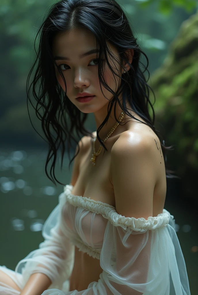 (((Full body image of a young Asian girl))),(Full body model shooting style), (Shy), 1 beautiful girl, , Shiny black hair、 Extremely rich facial details, Beautiful Eye, Lovely, Red cheeks,bright, Eye, Stunning beauty, (Rembrandt Lighting,Ring lighting),Tilt-Shift Lens, ARRI Lenses, Surrealism, (Attention to skin details:1.2),4K, Dramatic rim light,glitter effects, high quality,Very delicate and beautiful, wonderful, detailed, masterpiece, 非常detailed, high resolution,Best Shot, ((Best shadow)),Exquisite contrast,complicated,Clear focus, high quality, 1 young Asian woman, Solitary.Lovely,Magnificent waterfall,(Water Drop,rainbow),雾状Water Drop,wet,lens flare,sleeveless,Ruffles,Beautiful breasts,Moist skin,Cool Eyes,Glossy lips,Tired smile,Radiant Skin,clear translucent skin,from above,waistline,Beautiful nipples,((No underwear, Very transparent, naked, Naked chest, Barely covers her nipples)),((wet, Her pajamas are transparent,The wet skirt is clearly visible,Water drops flowing down the body)),Wet transparent silk pajamas, Expose slender legs,Blurred ahead, Eye,Vivid red,The graceful figure walks and dances lightly,((ARRI 35mm Lens, Full body shot)) Shooting from bottom to top
