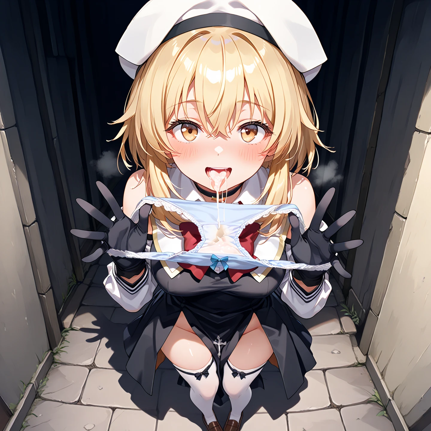 ((best quality,extremely detailed,incredibly absurdres,extremely detailed cg,more details,ultra-detailed:1.2)),NSFW,(((clothed female nude male:1))),(aerial:1.2),(from_above:1.1),
1girl,shiny_skin,collarbone,thin,thighs,((hollow eyes:1.2)),yellow eyes,blonde hair,exquisite eyes,eyebrows_visible_through_hair,(golden drill bit curled princess curled long hair),medium breasts,cleavage,navel,
(bridal_veil:1.1),(lace-trimmed_sleeves:1.2),(White lace over-the-knee socks:1.1),(wedding_band:1.1),torn_thighhighs,
((lying:1.1)),on_back,looking at viewer,hetero,(scared:1.1),((flustered:1.2)),blush,sweat,((heavy_breathing:1.2)),open mouth,((tears:1.1)),pillory,pubic hair,pussy,vaginal,( petpeeing:1.1),((pee)),(pussy_juice:1.1),leaking precum,cum dripping from vagina,suggestive fluid,vaginal sex,female fertilization,((excessive cum)),(cum on hair),(cum in mouth),(cum on arms),(cum on breasts),(cum on pussy),(cum on thighs),(cum dripping off thighs),(cumdrip),(dripping cum),
(pov:1.2),((1boy:1.1)),nude,grabbing,(penis:1.1),erection,male pubic hair,inserting into the vagina:1.2,sex,cum,(vaginal ejaculation), white skirt, white stockings, white dress, sexy
basement, iwanaga kotoko, beret, breast milking, milk pump, suction cup on breat, lactating, milk, breast milk, tube, 1girl, solo, only 1 girl