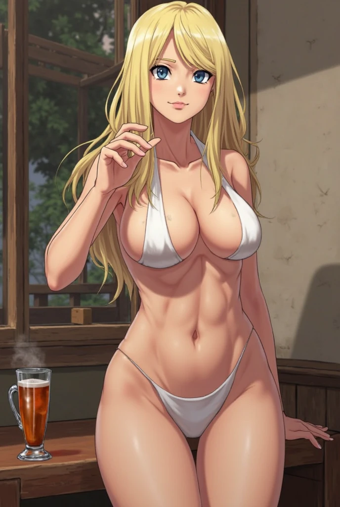Mukuro is a beautiful young woman with a voluptuous body, having a bust considered disproportionately large for her physical age. She has golden eyes combined with flowing blonde hair that is longer than her own body. She ties her hair in an Odango hairstyle and wears ribbons around her buns, she has muscular legs and a muscular stomach, a small waist, and (((wears a very sexy and small bikini that leaves her entire backside exposed and her breasts exposed) )), (sitting with legs crossed on the chair), {{{full body photo}}}, (((in motel room))), (((giant breasts))), Big breasts, just breasts, Huge breasts, barefoot, cute smile looking at me, ((from the back)), showing her big ass to me, very sexy, (bare legs)