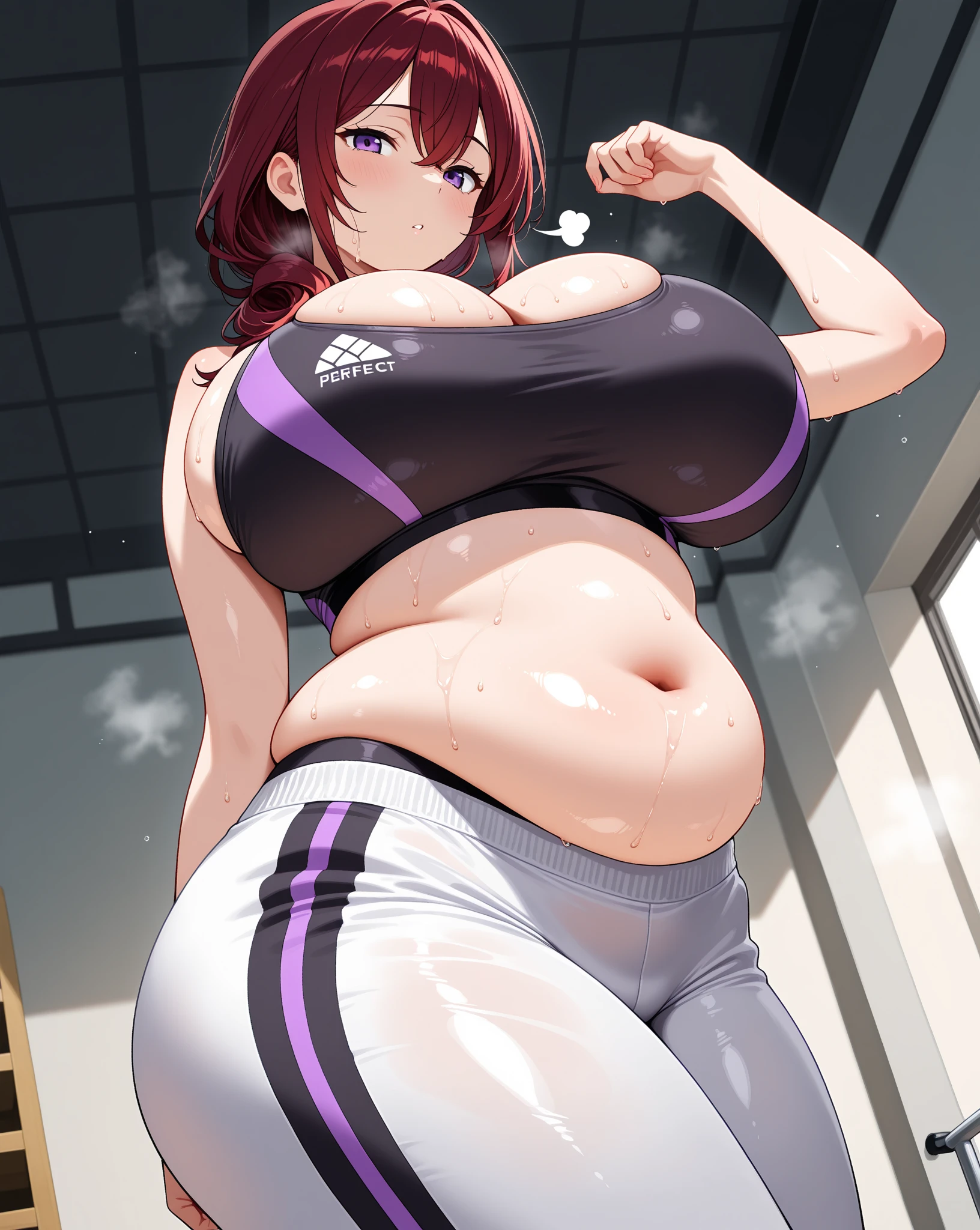 ((high res)), (Masterpiece), perfect anatomy, perfect shading, field of depth, (best quality), extremely delicate and beautiful, perfect lighting, detailed face, ultra cute face, cute, (cowboy shot 1.2), looking at viewer, full body, ((1girl)), ((solo)),
long hair, pony tail, black hair, green eyes, (((blush))), embarrassed, sweating, out of breath, (sports bra 1.2), (yoga pants1.2), extremely tight clothes, large breasts, cleavage, perky breasts, (wide hips), (((thick thighs))), (plump), chubby belly
coffee shop, intricate background, detailed background, standing, hand on hip, belly grab,