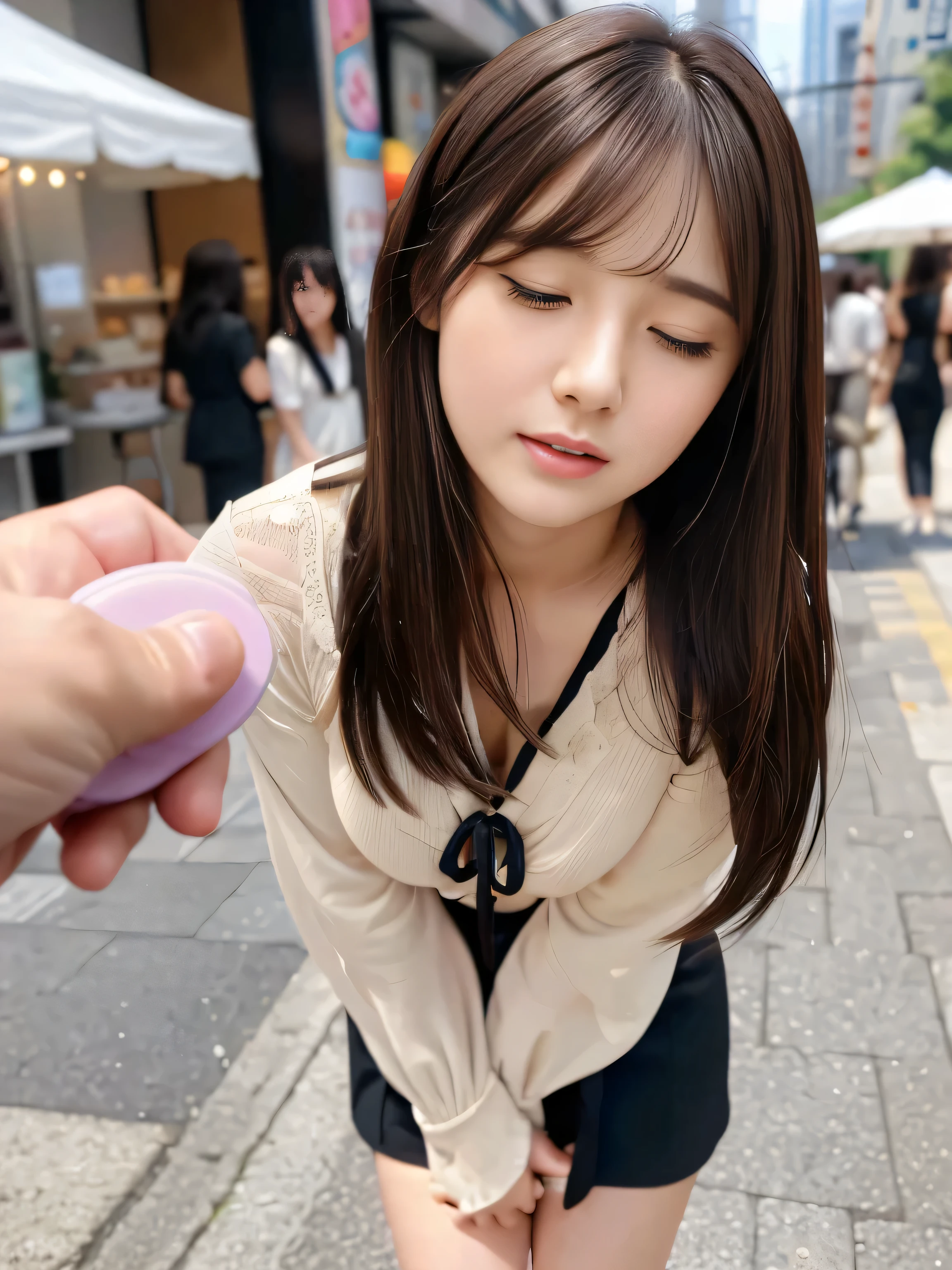 Vibrator prank in public,Women in public,She leaned forward.,(She closes her eyes),she yawns,Hand holding a pink remote control outside the frame,She wants me to stop using the vibrator,She puts her hand on her crotch,She wears Gothic Lolita clothes、Fluffy medium hair、Pure erotic face、(Masseter muscle area:1.3)、(8k、Photorealistic、RAW Photos、Highest quality: 1.4)、(One Girl)、Very beautiful face、Very beautiful face、Very beautiful face、(Very realistic face)、(Brown hair、Fluffy medium hair:1.3)、Very beautiful hairstyles、Very realistic eyes、Very beautiful details、(Extremely realistic skin)、Very beautiful skin、Absurd、Very attractive、Ultra-high resolution、Surreal、High definition、Golden Ratio、Golden Ratio、Golden Ratio、beauty、beauty、beauty。